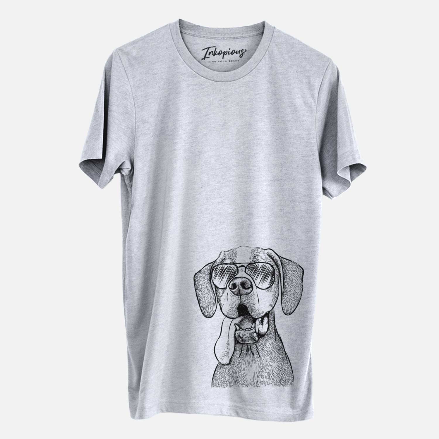 Hand-drawn sketch of Irwin the English Pointer wearing aviator sunglasses on a Grey Unisex crewneck