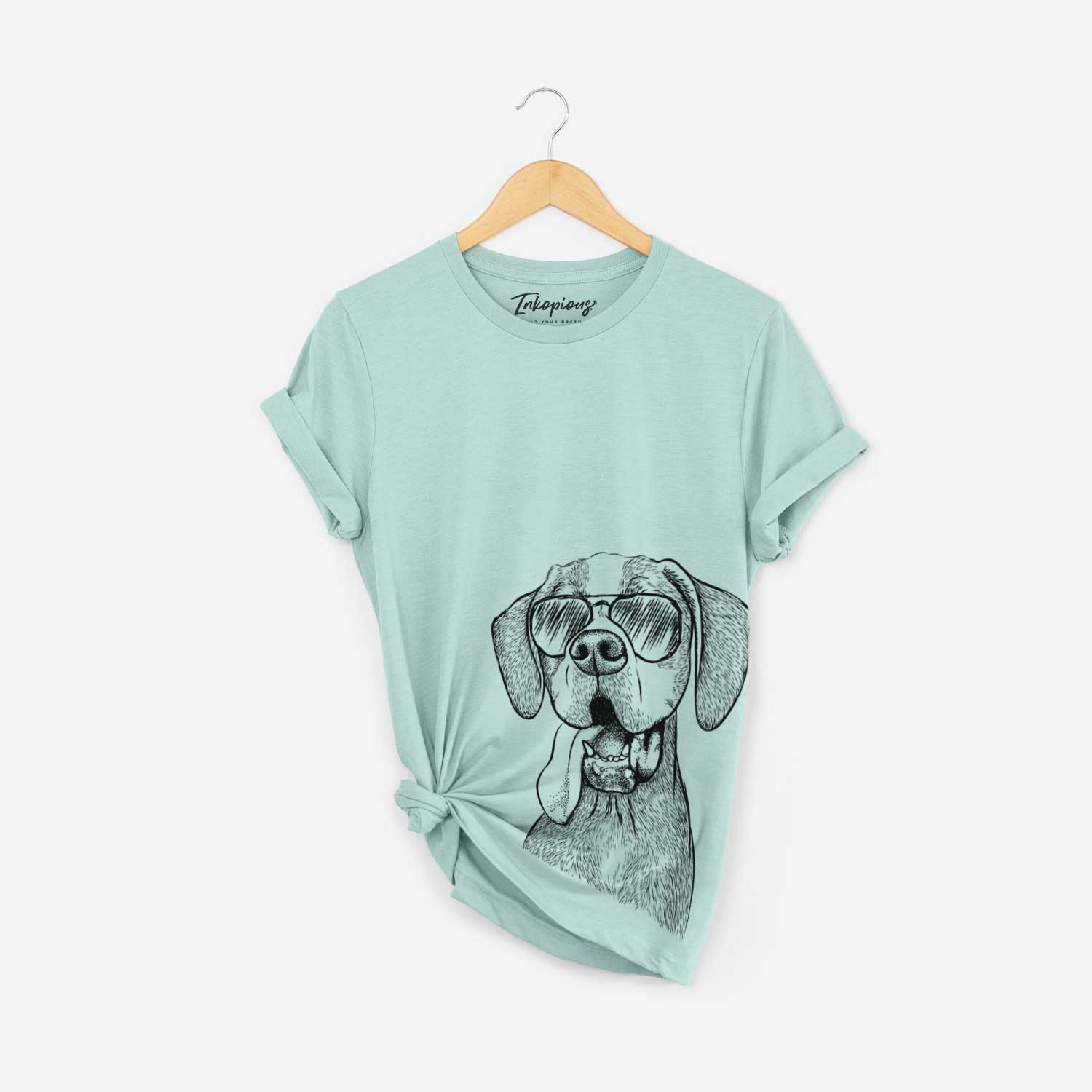 Hand-drawn sketch of Irwin the English Pointer wearing aviator sunglasses on a Heather Sage Bella Canvas Unisex Crewneck