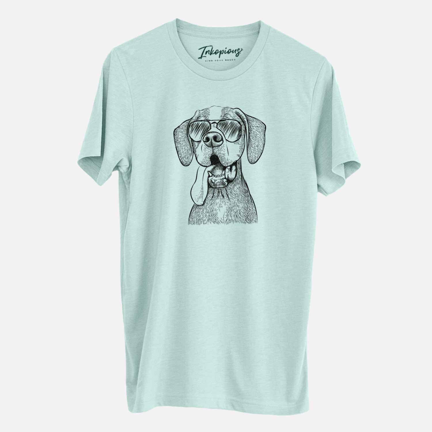 Hand-drawn sketch of Irwin the English Pointer wearing aviator sunglasses on a Heather Sage Unisex crewneck
