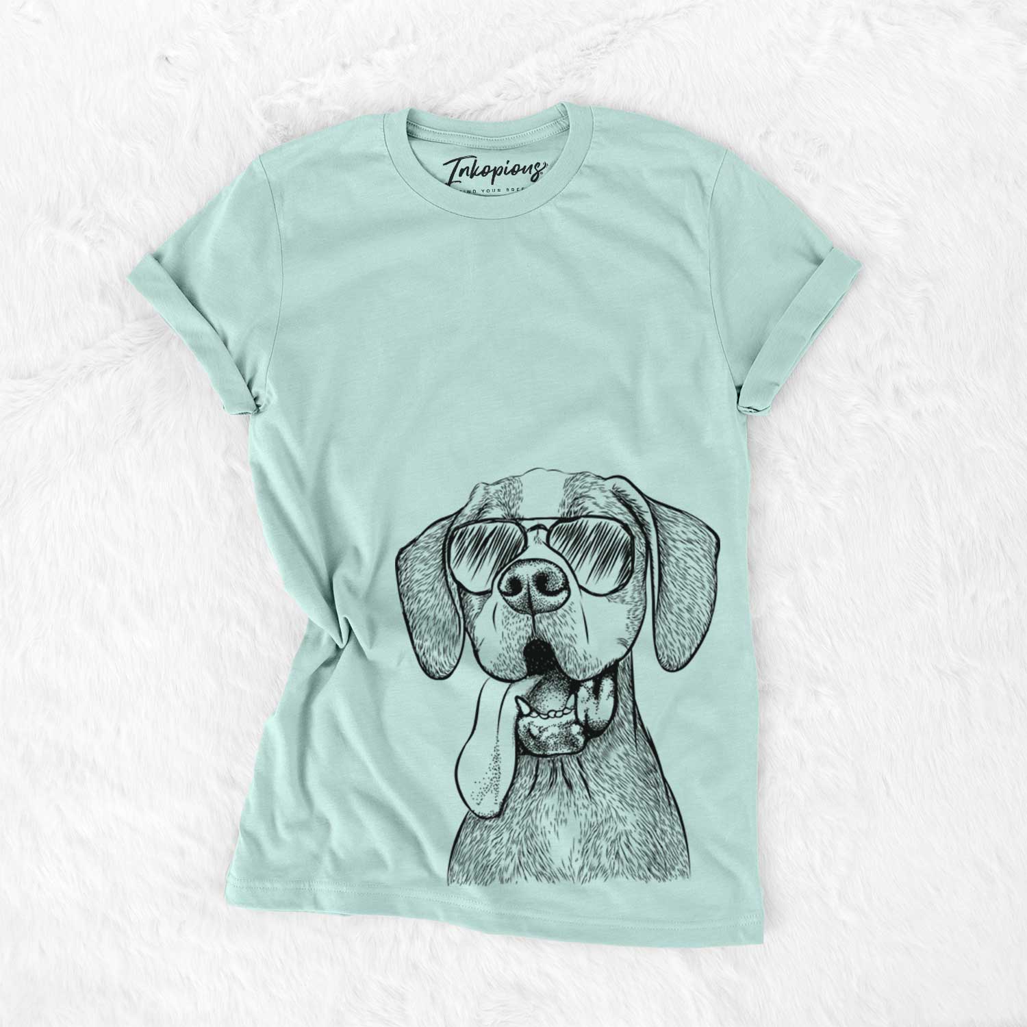 Hand-drawn sketch of Irwin the English Pointer wearing aviator sunglasses on a Heather Sage Unisex crewneck