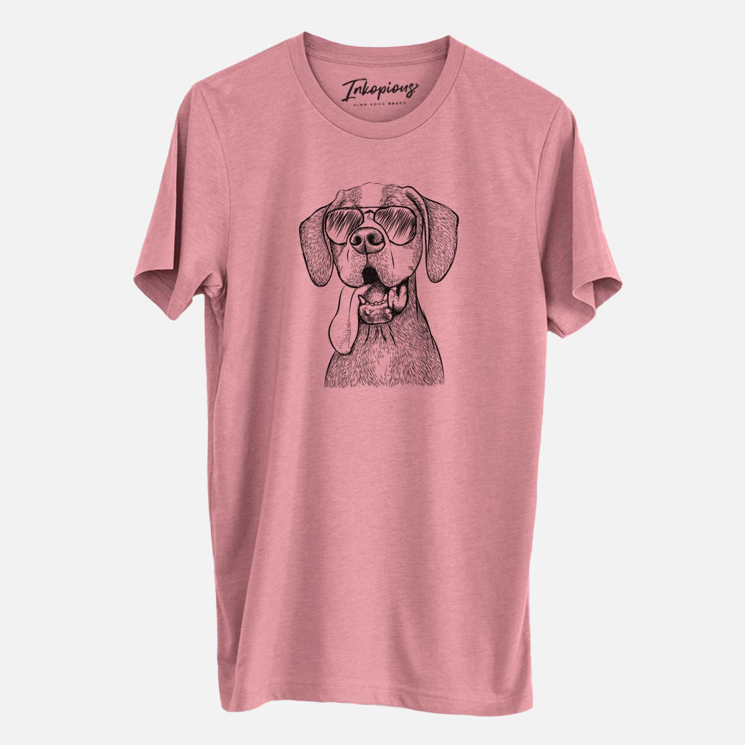 Hand-drawn sketch of Irwin the English Pointer wearing aviator sunglasses on a Mauve Unisex crewneck