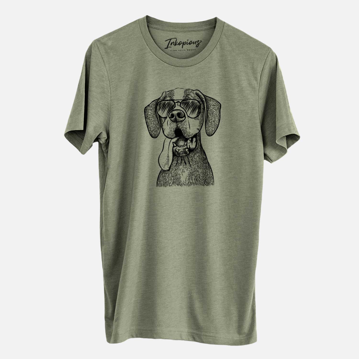 Hand-drawn sketch of Irwin the English Pointer wearing aviator sunglasses on an Olive Unisex crewneck