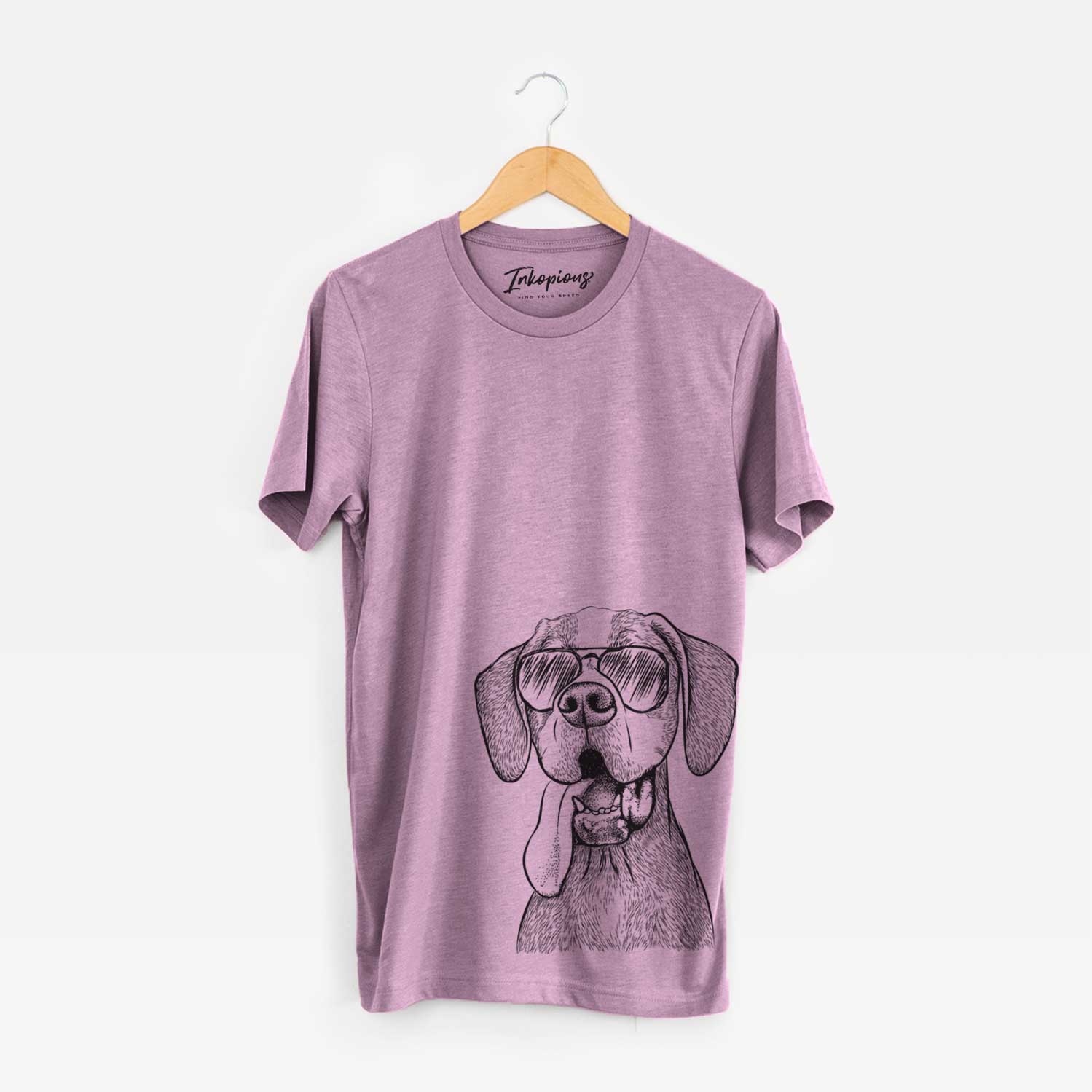 Hand-drawn sketch of Irwin the English Pointer wearing aviator sunglasses on an Orchid Unisex crewneck
