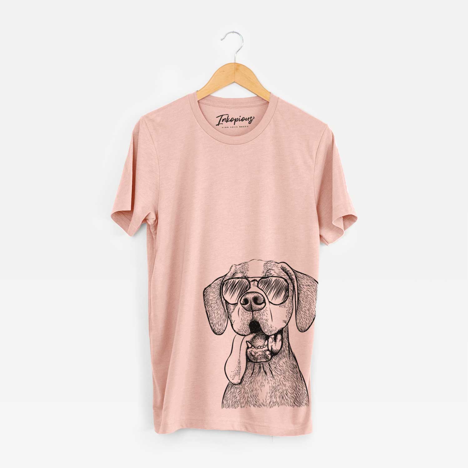 Hand-drawn sketch of Irwin the English Pointer wearing aviator sunglasses on a Peach Bella Canvas Unisex Crewneck