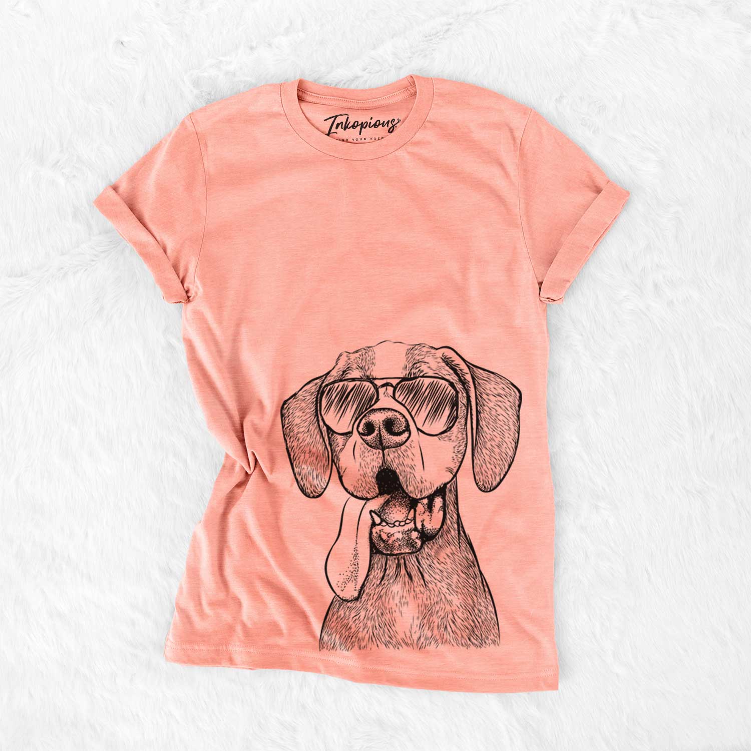 Hand-drawn sketch of Irwin the English Pointer wearing aviator sunglasses on a Sunset Bella Canvas Unisex Crewneck