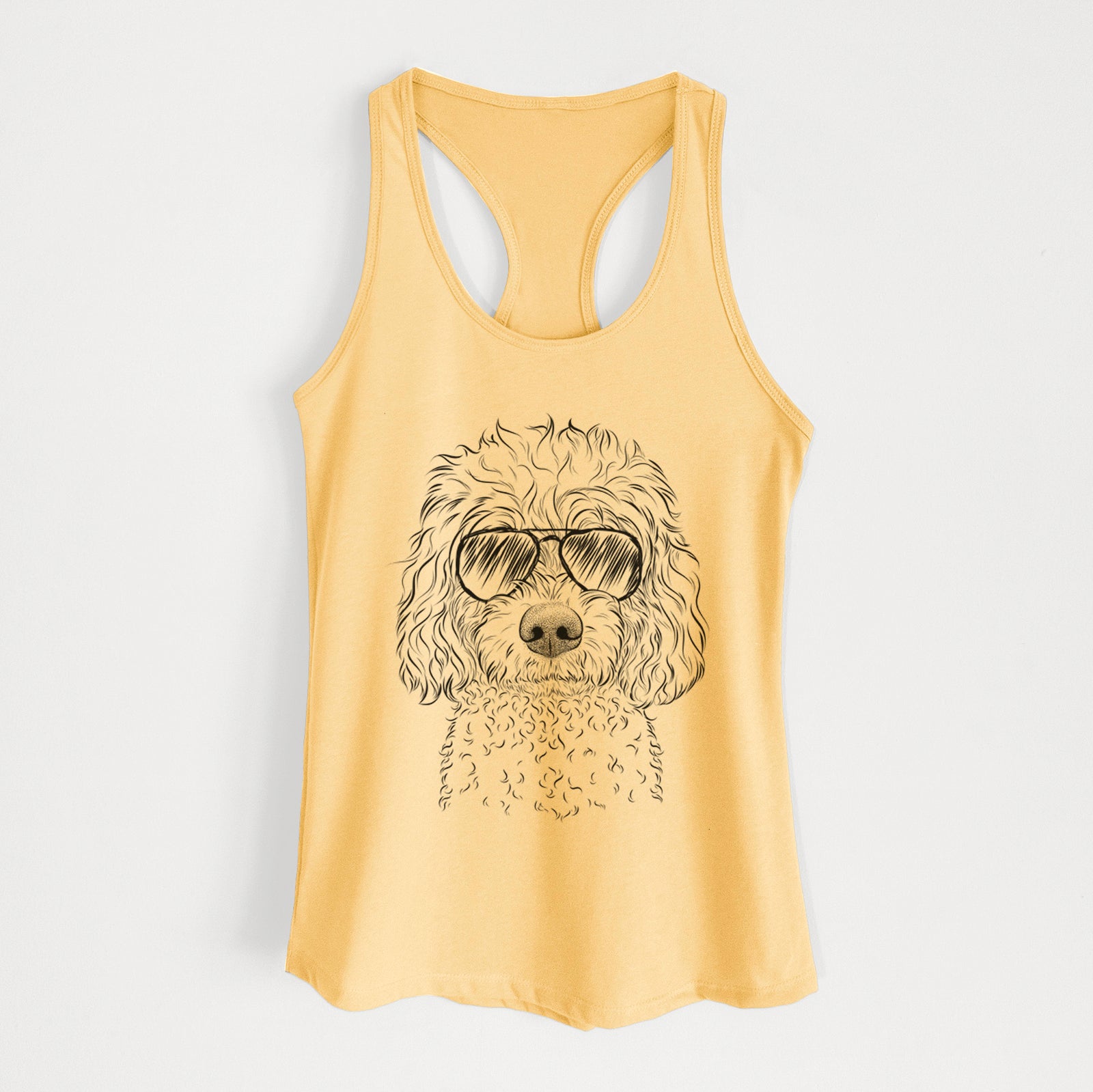 Hand-drawn sketch of Izzie the Cavachon wearing aviator sunglasses on a Banana Cream Women's racerback tanktop