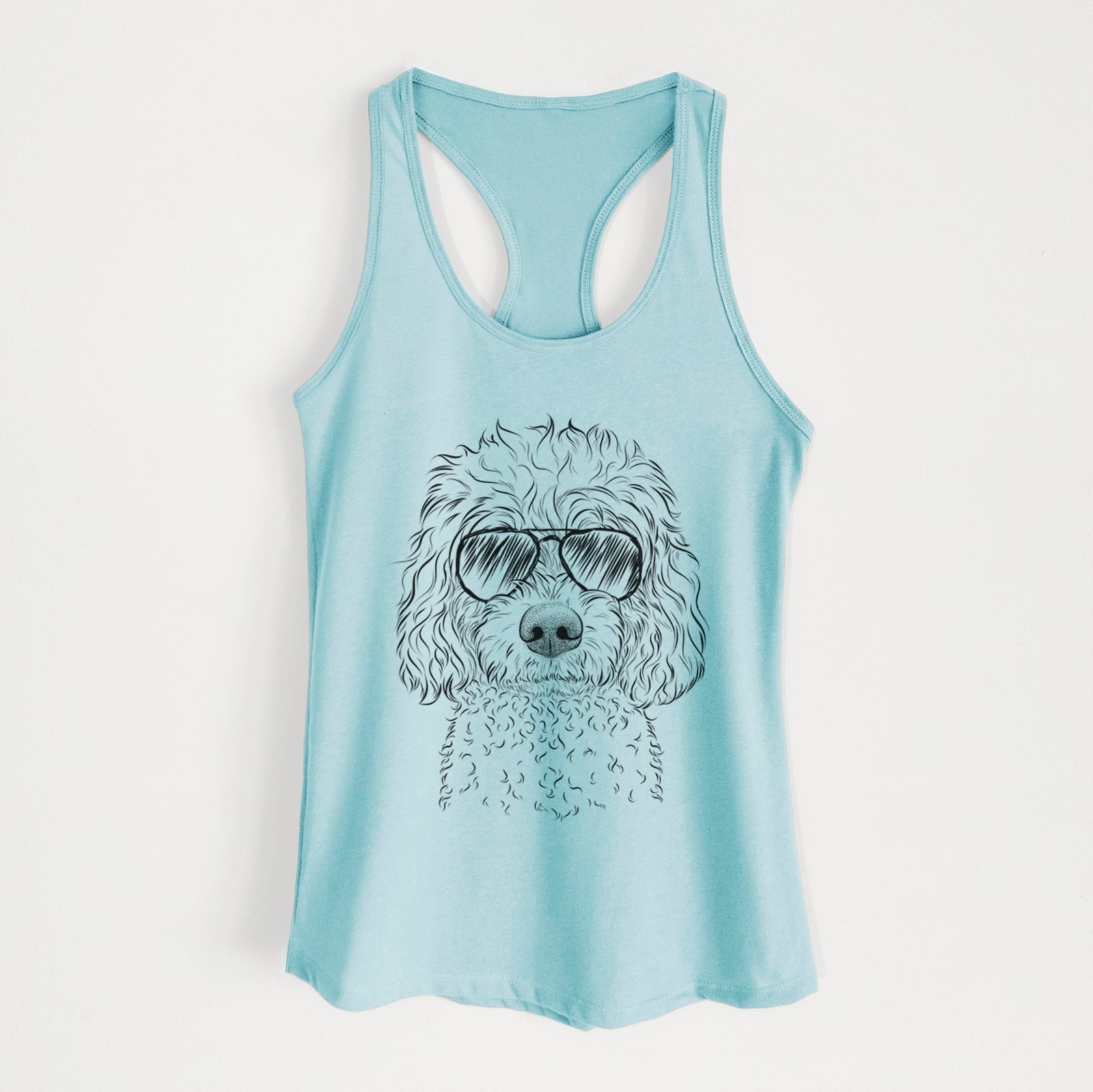 Hand-drawn sketch of Izzie the Cavachon wearing aviator sunglasses on a Cancun Blue Women's racerback tanktop