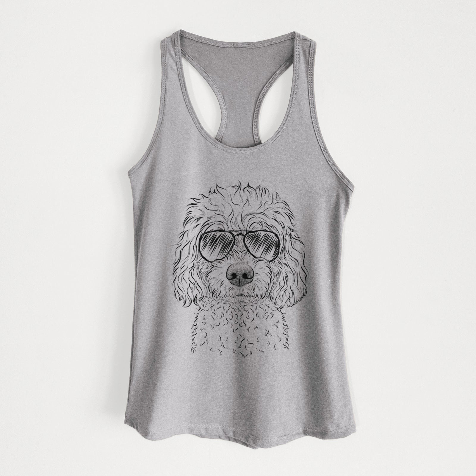 Hand-drawn sketch of Izzie the Cavachon wearing aviator sunglasses on a Heather Grey Women's racerback tanktop
