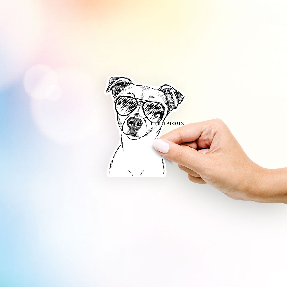 Hand-drawn sketch of Izzy the Chiweenie wearing aviator sunglasses on a decal sticker