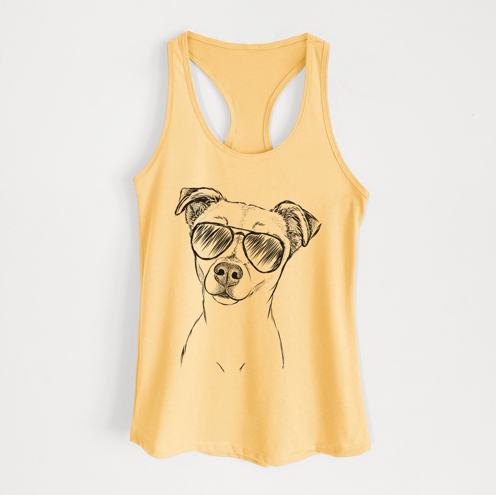 Hand-drawn sketch of Izzy the Chiweenie wearing aviator sunglasses on a Banana Cream Women's racerback tanktop