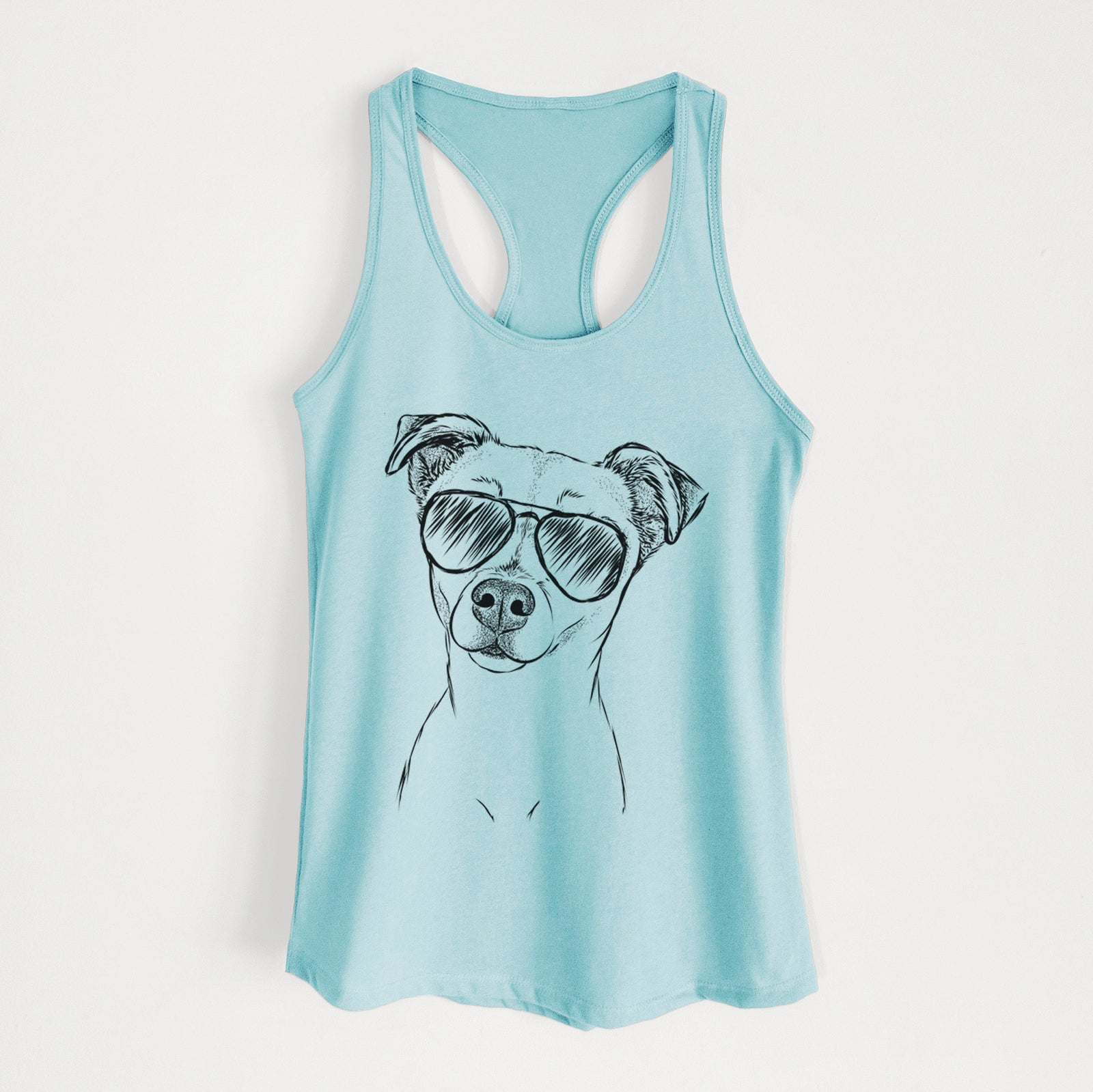 Hand-drawn sketch of Izzy the Chiweenie wearing aviator sunglasses on a Cancun Blue Women's racerback tanktop