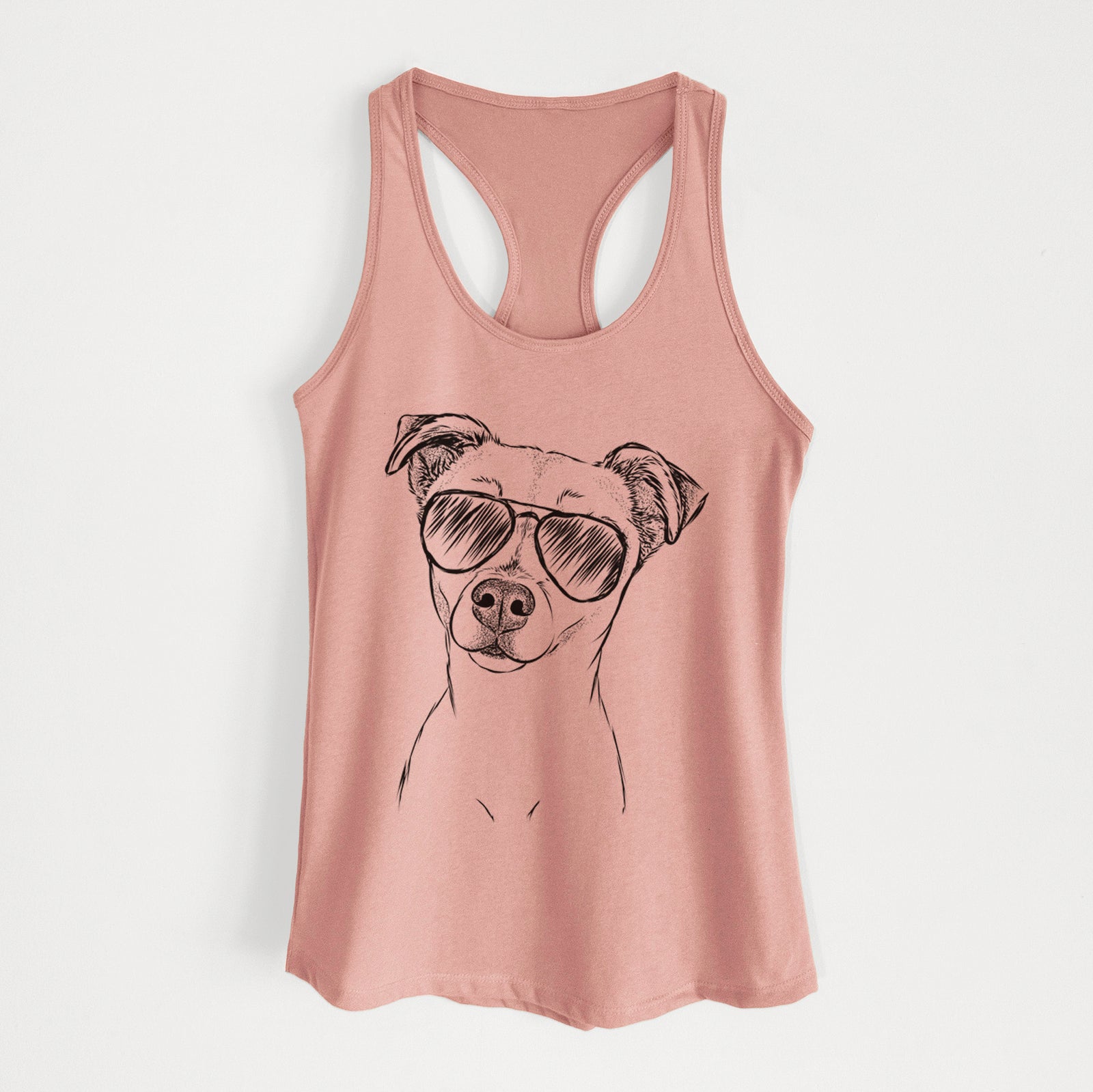 Hand-drawn sketch of Izzy the Chiweenie wearing aviator sunglasses on a Desert Pink Women's racerback tanktop