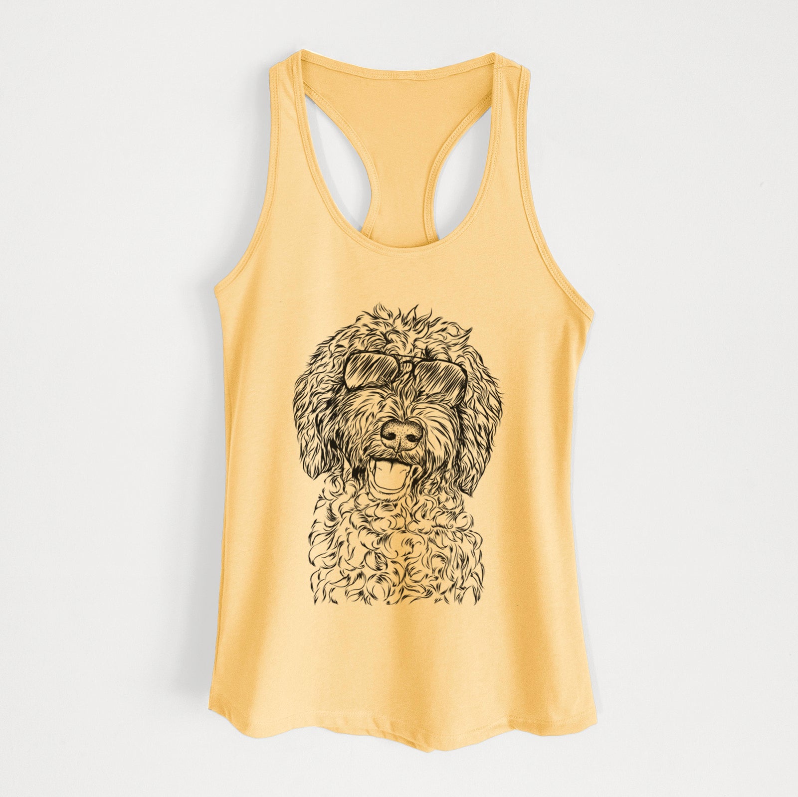 Hand-drawn sketch of Jack the Chocolate Labradoodle wearing aviator sunglasses on a Banana Cream Women's racerback tanktop