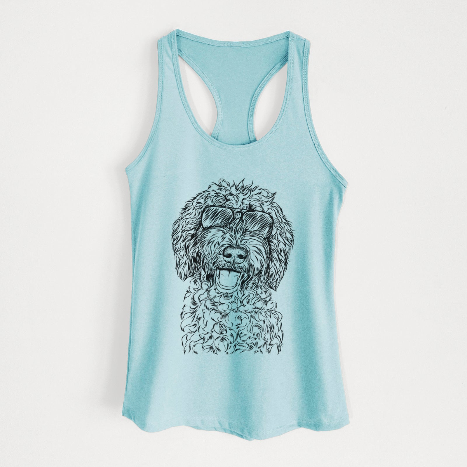Hand-drawn sketch of Jack the Chocolate Labradoodle wearing aviator sunglasses on a Cancun Blue Women's racerback tanktop