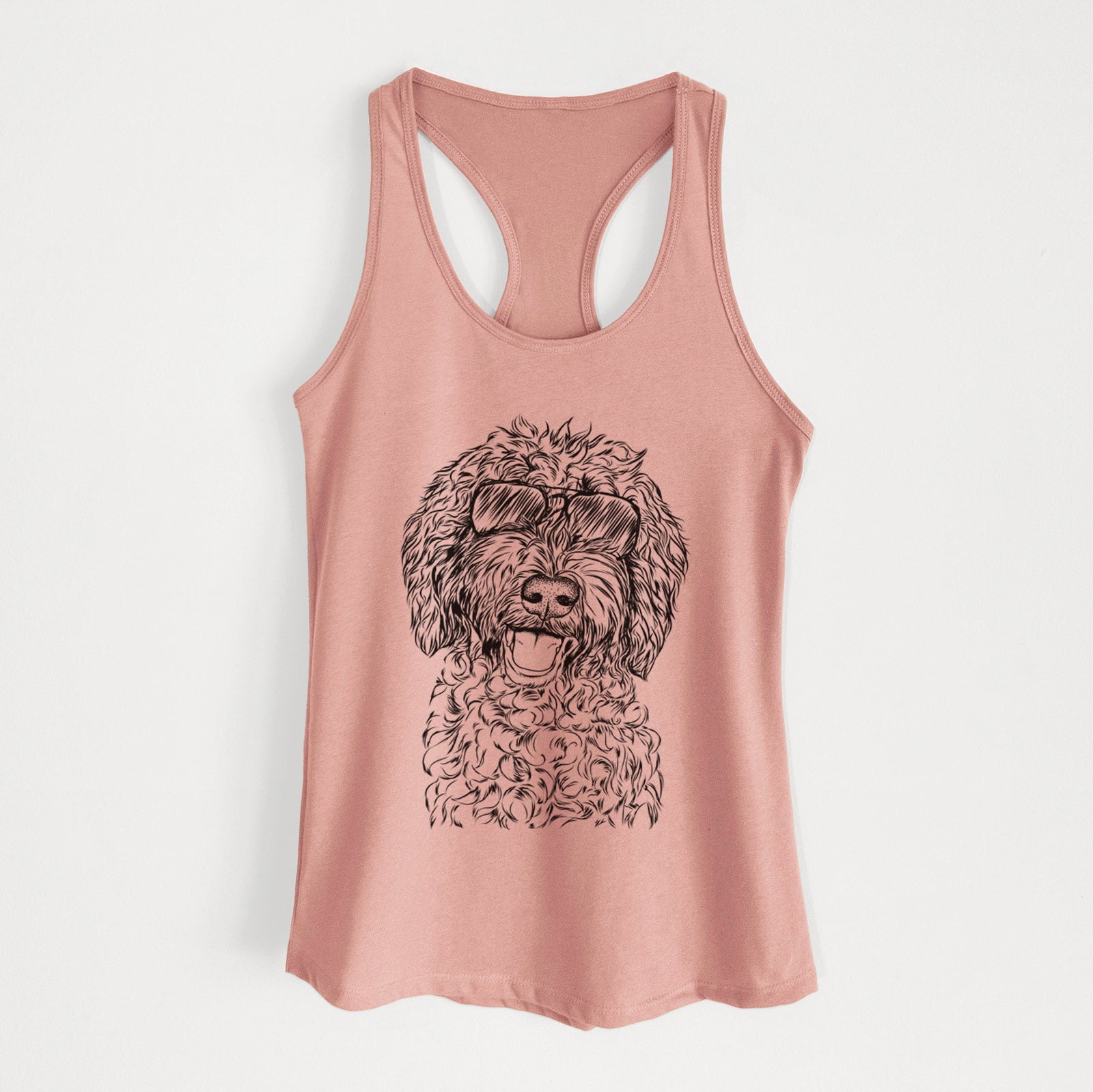 Hand-drawn sketch of Jack the Chocolate Labradoodle wearing aviator sunglasses on a Desert Pink Women's racerback tanktop