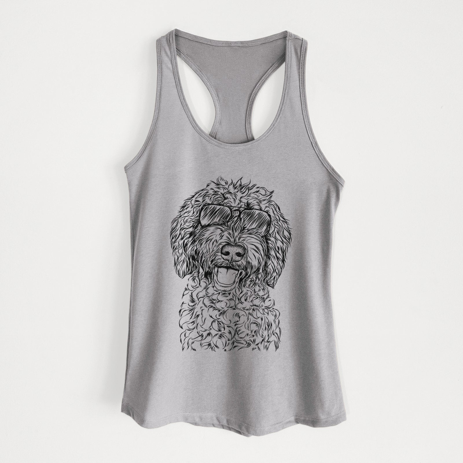 Hand-drawn sketch of Jack the Chocolate Labradoodle wearing aviator sunglasses on a Heather Grey Women's racerback tanktop
