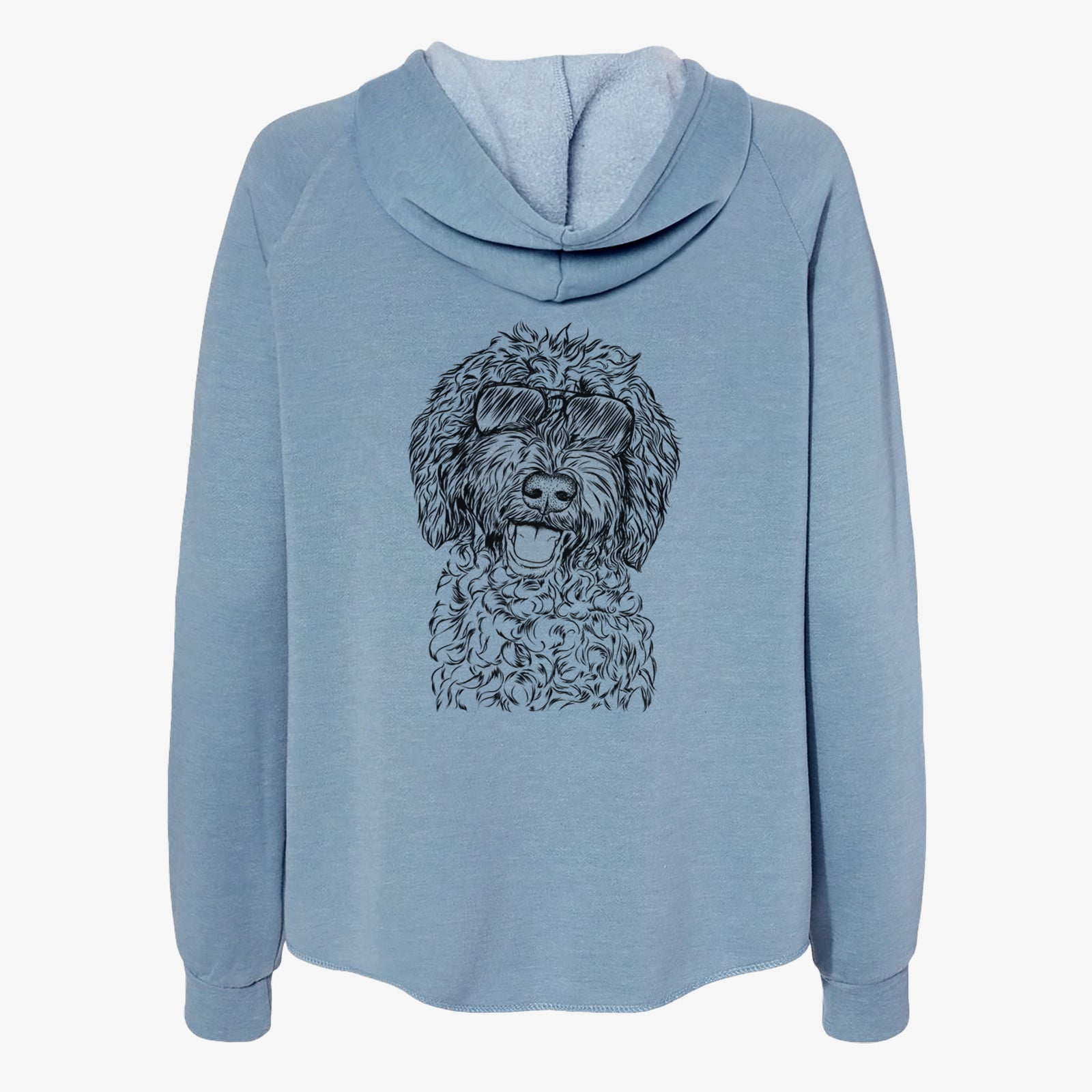 Hand-drawn sketch of Jack the Chocolate Labradoodle wearing aviator sunglasses on a Misty Blue Women's cali wave zip-up sweatshirt