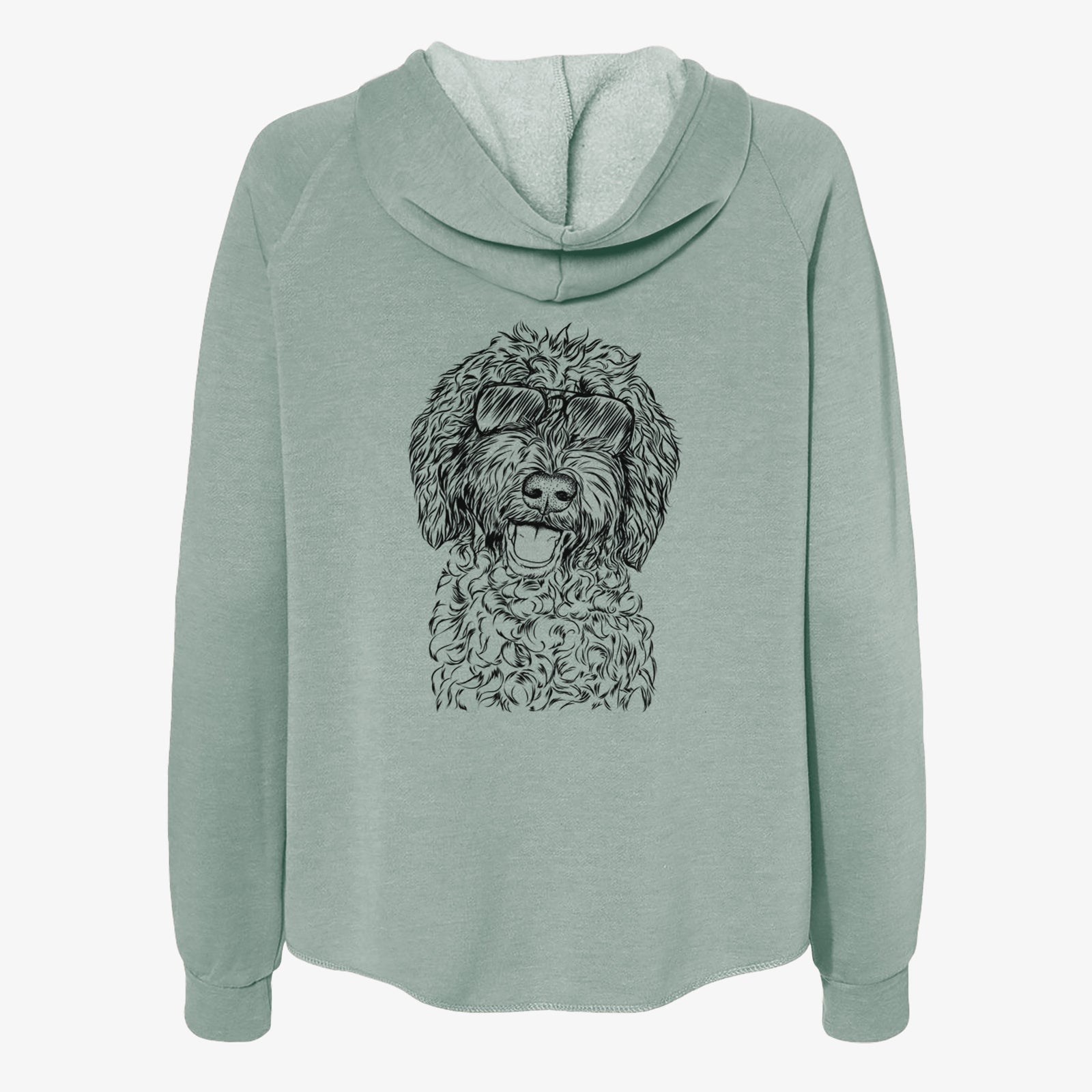 Hand-drawn sketch of Jack the Chocolate Labradoodle wearing aviator sunglasses on a Sage Women's cali wave zip-up sweatshirt