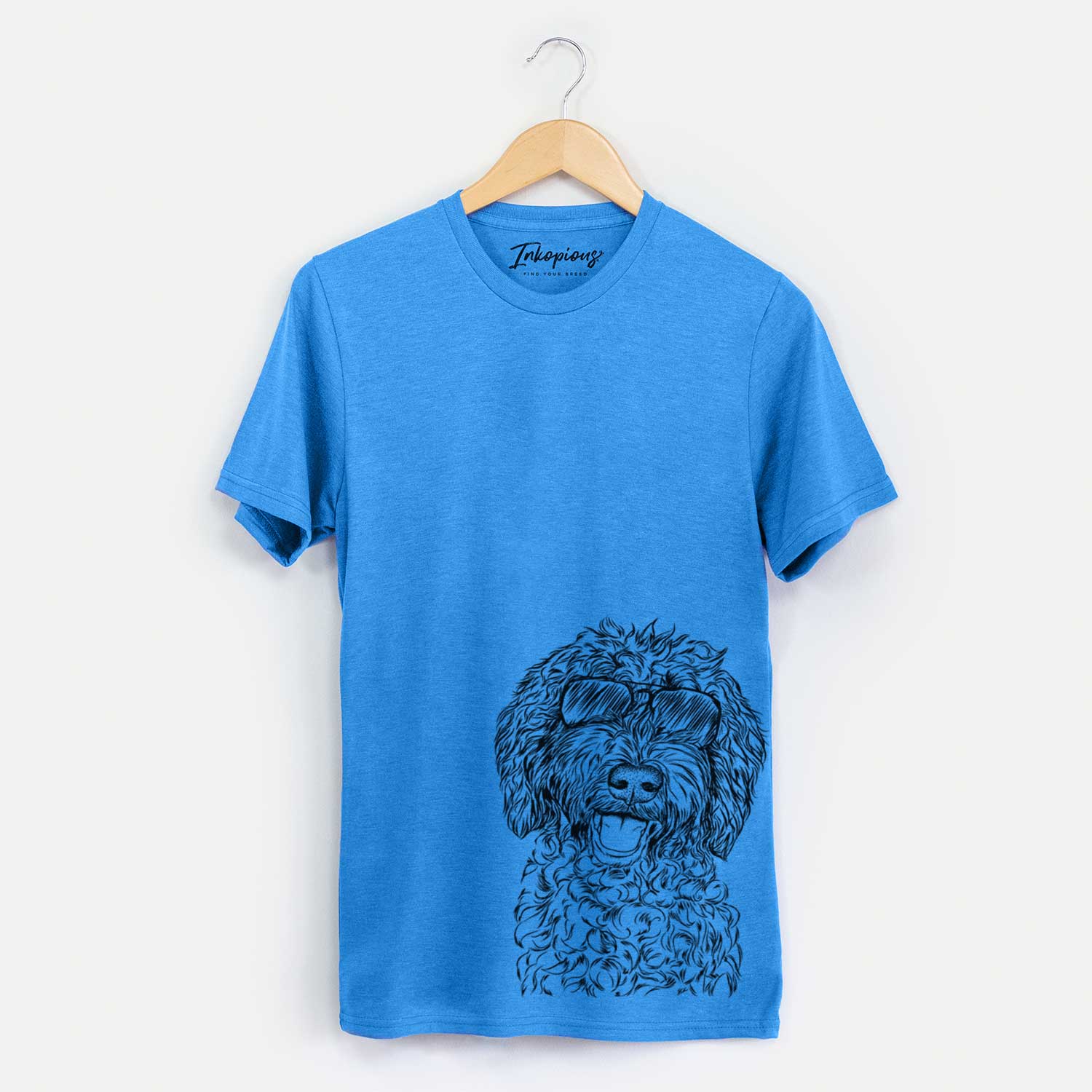 Hand-drawn sketch of Jack the Chocolate Labradoodle wearing aviator sunglasses on a Blue Unisex crewneck