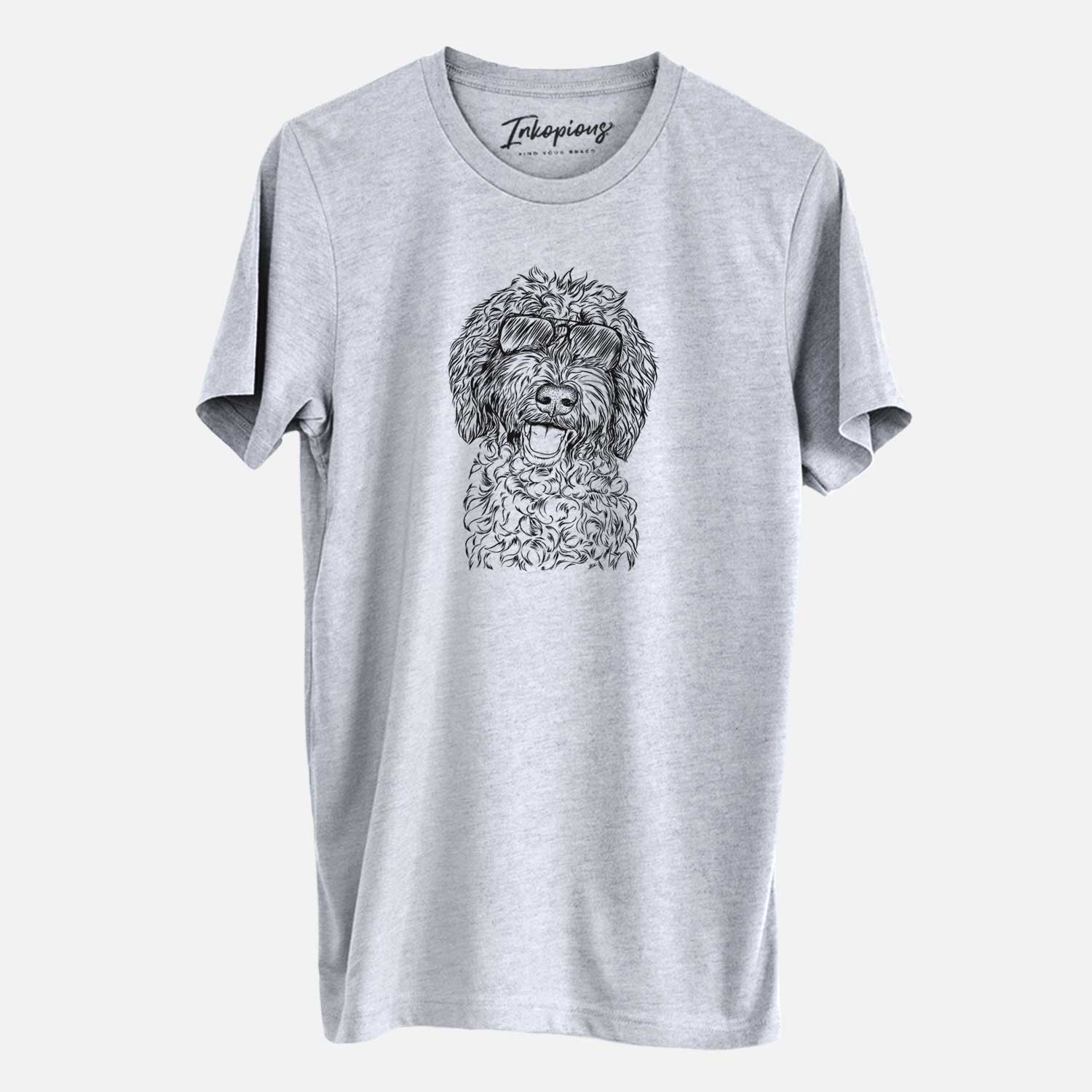 Hand-drawn sketch of Jack the Chocolate Labradoodle wearing aviator sunglasses on a Grey Unisex crewneck
