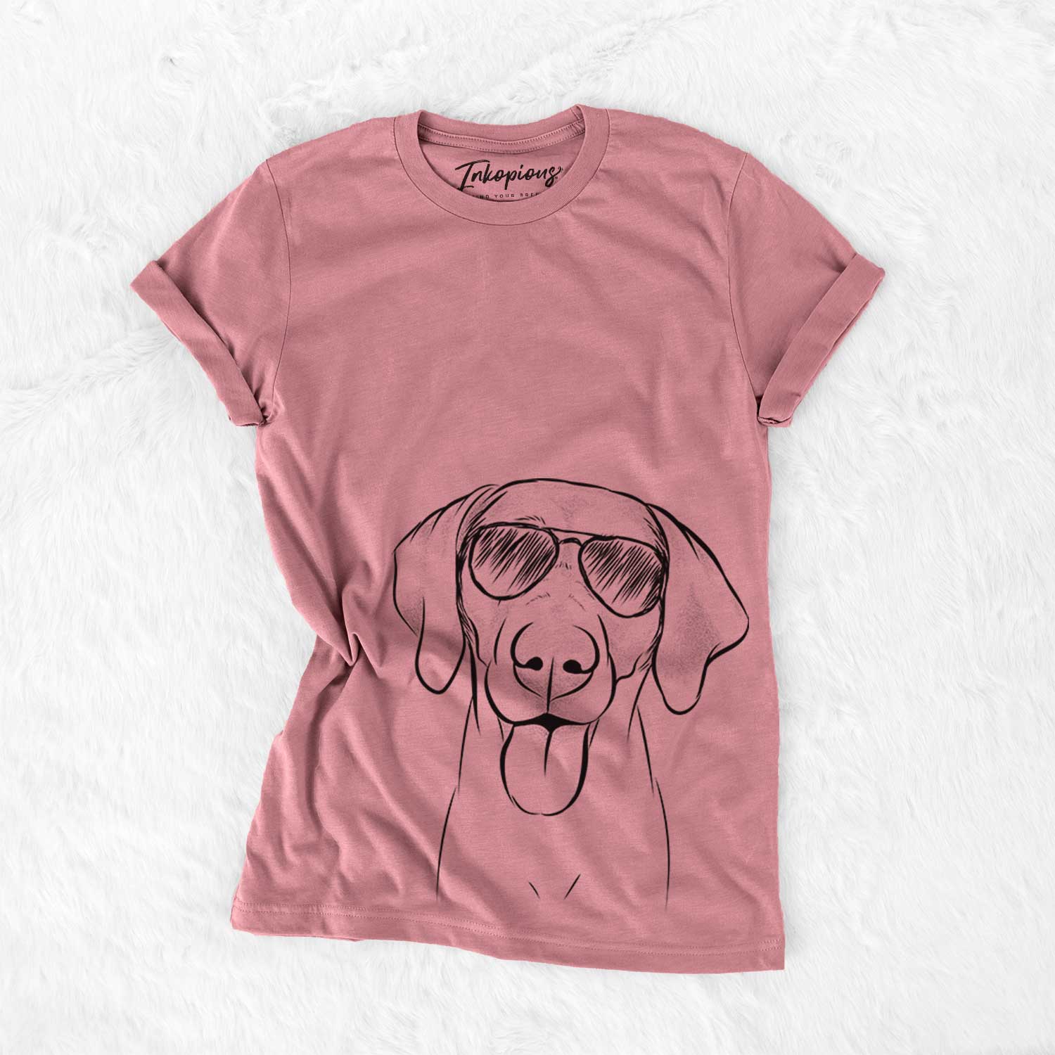 Hand-drawn sketch of Jackson the Weimaraner wearing aviator sunglasses on a Mauve Bella Canvas Unisex Crewneck