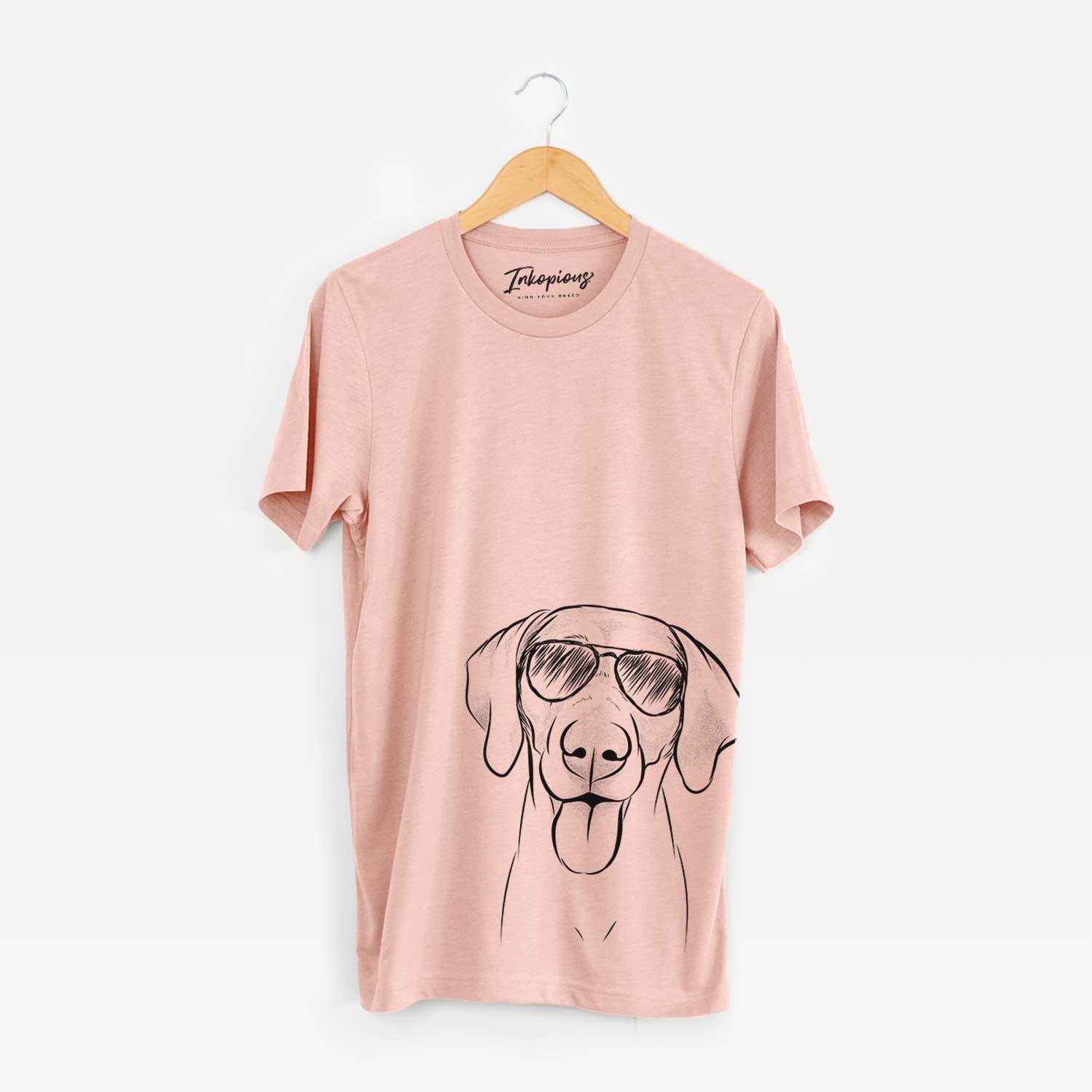 Hand-drawn sketch of Jackson the Weimaraner wearing aviator sunglasses on a Peach Bella Canvas Unisex Crewneck