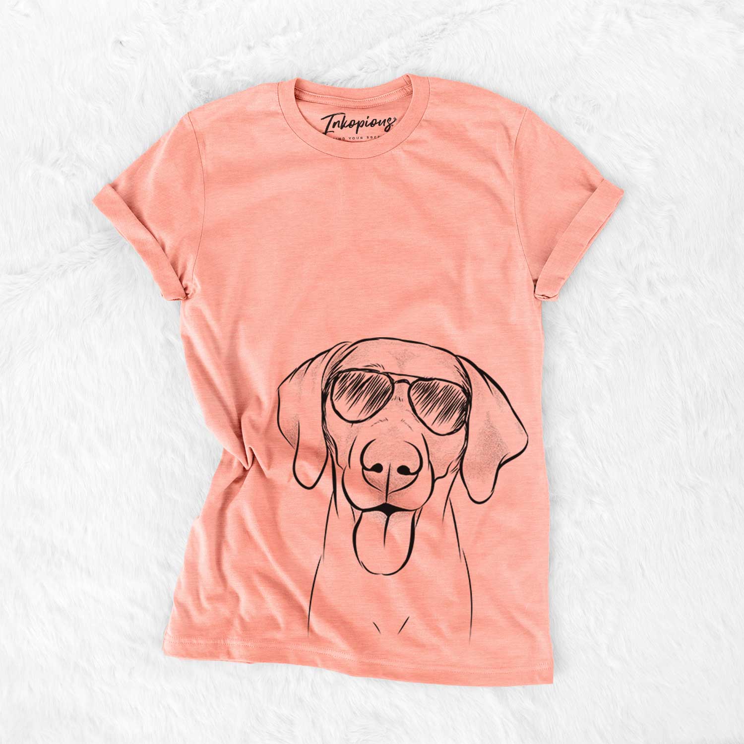 Hand-drawn sketch of Jackson the Weimaraner wearing aviator sunglasses on a Sunset Bella Canvas Unisex Crewneck