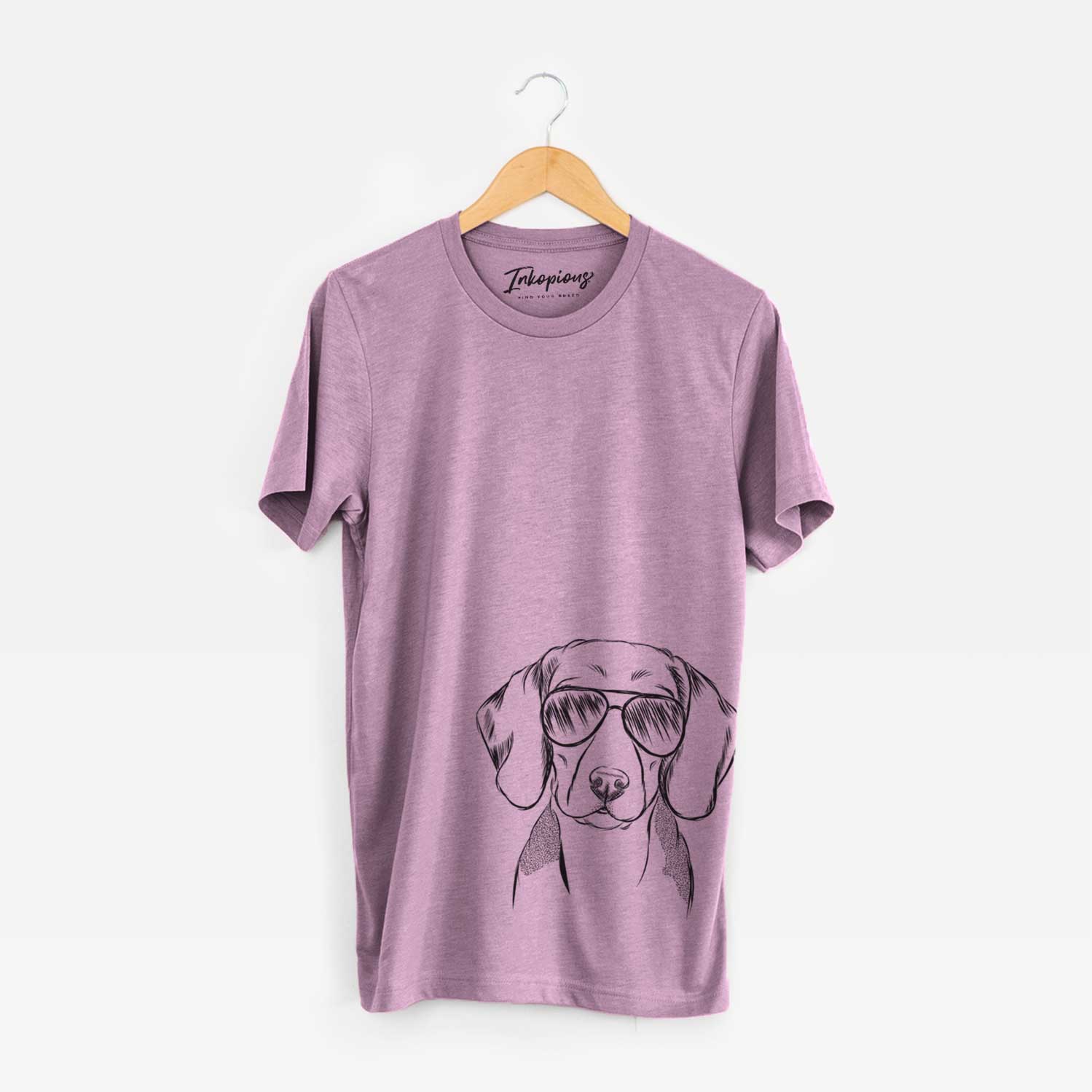 Hand-drawn sketch of Jake the Beagle wearing aviator sunglasses on an Orchid Bella Canvas Unisex Crewneck