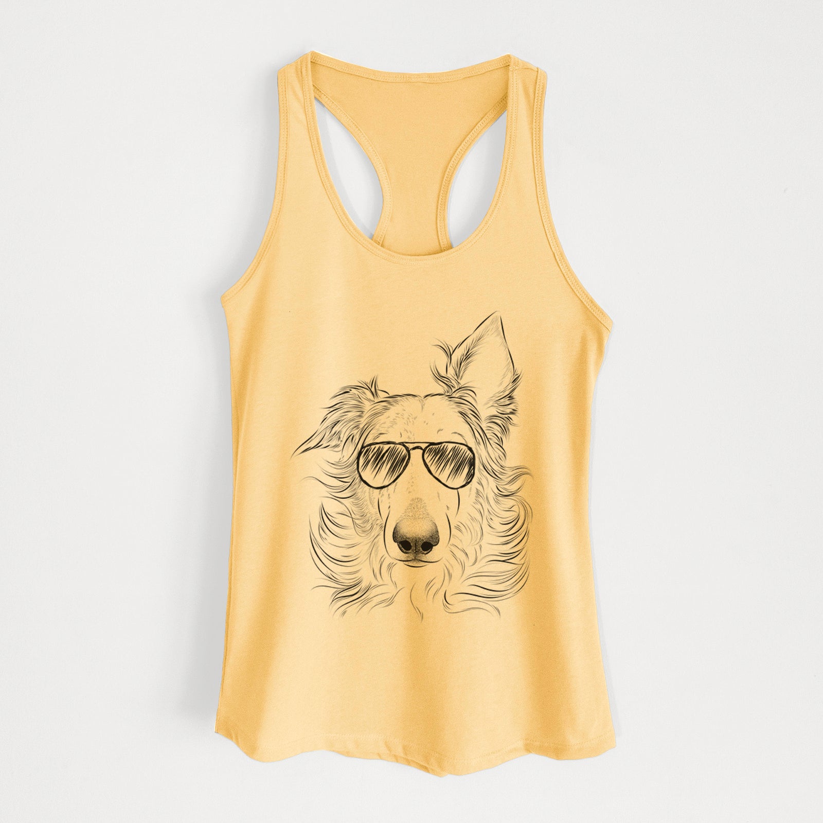 Hand-drawn sketch of Jasha the Borzoi wearing aviator sunglasses on a Banana Cream Women's racerback tanktop