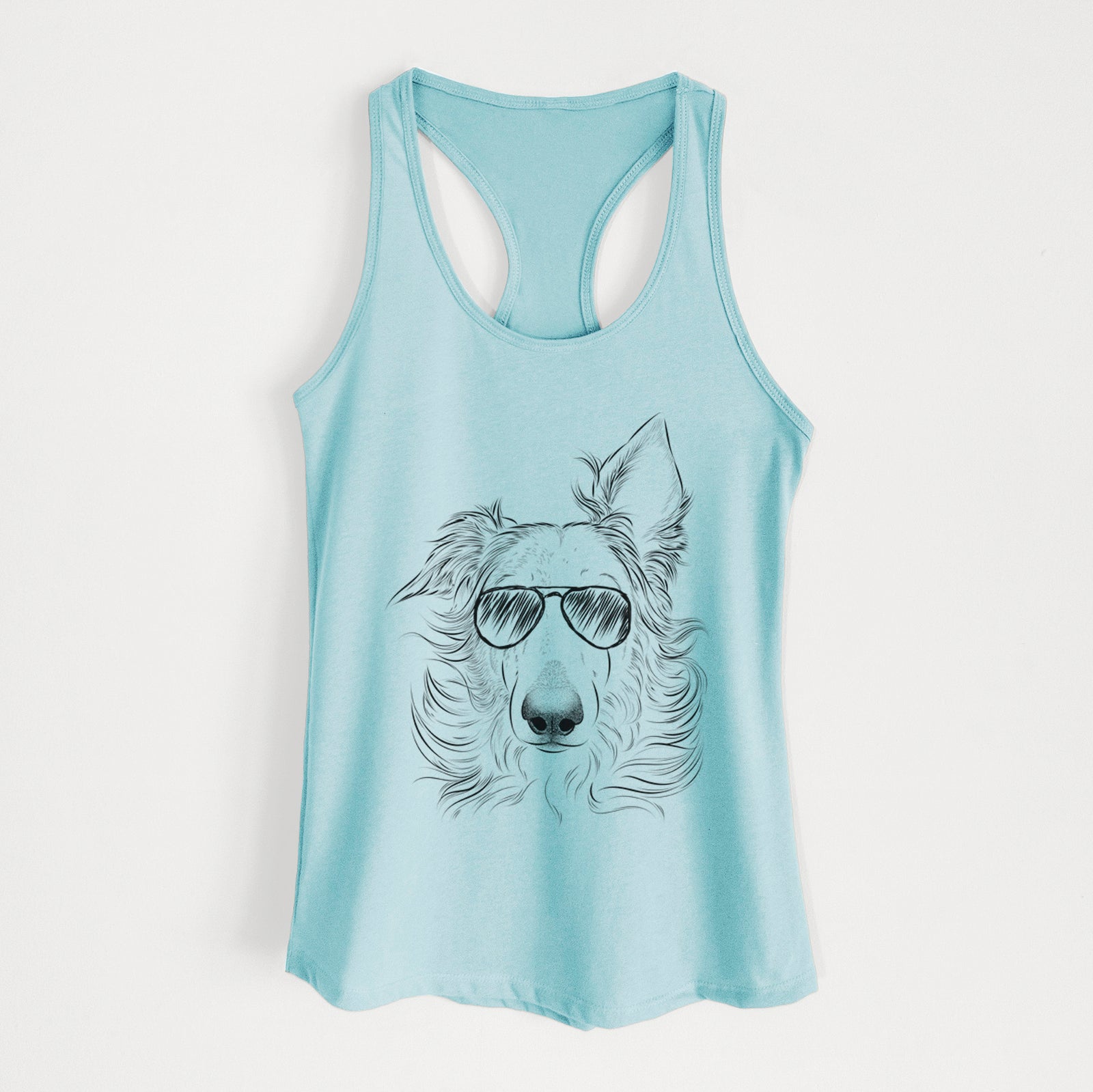 Hand-drawn sketch of Jasha the Borzoi wearing aviator sunglasses on a Cancun Blue Women's racerback tanktop