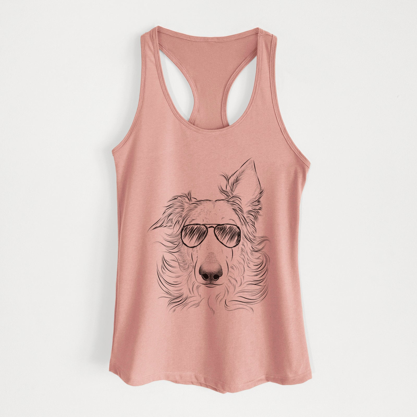 Hand-drawn sketch of Jasha the Borzoi wearing aviator sunglasses on a Desert Pink Women's racerback tanktop