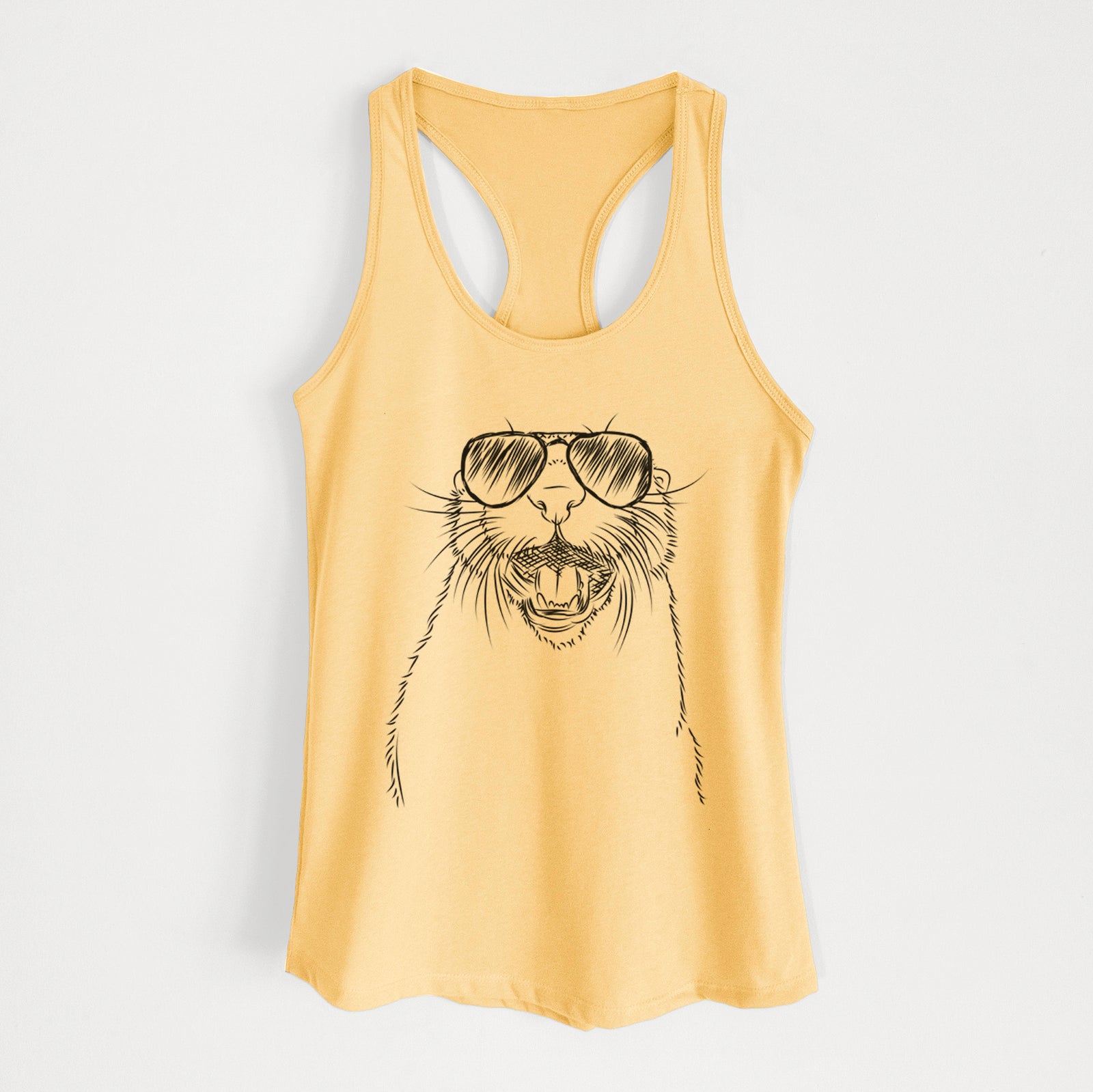 Hand-drawn sketch of Jasper the River Otter wearing aviator sunglasses on a Banana Cream Women's racerback tanktop