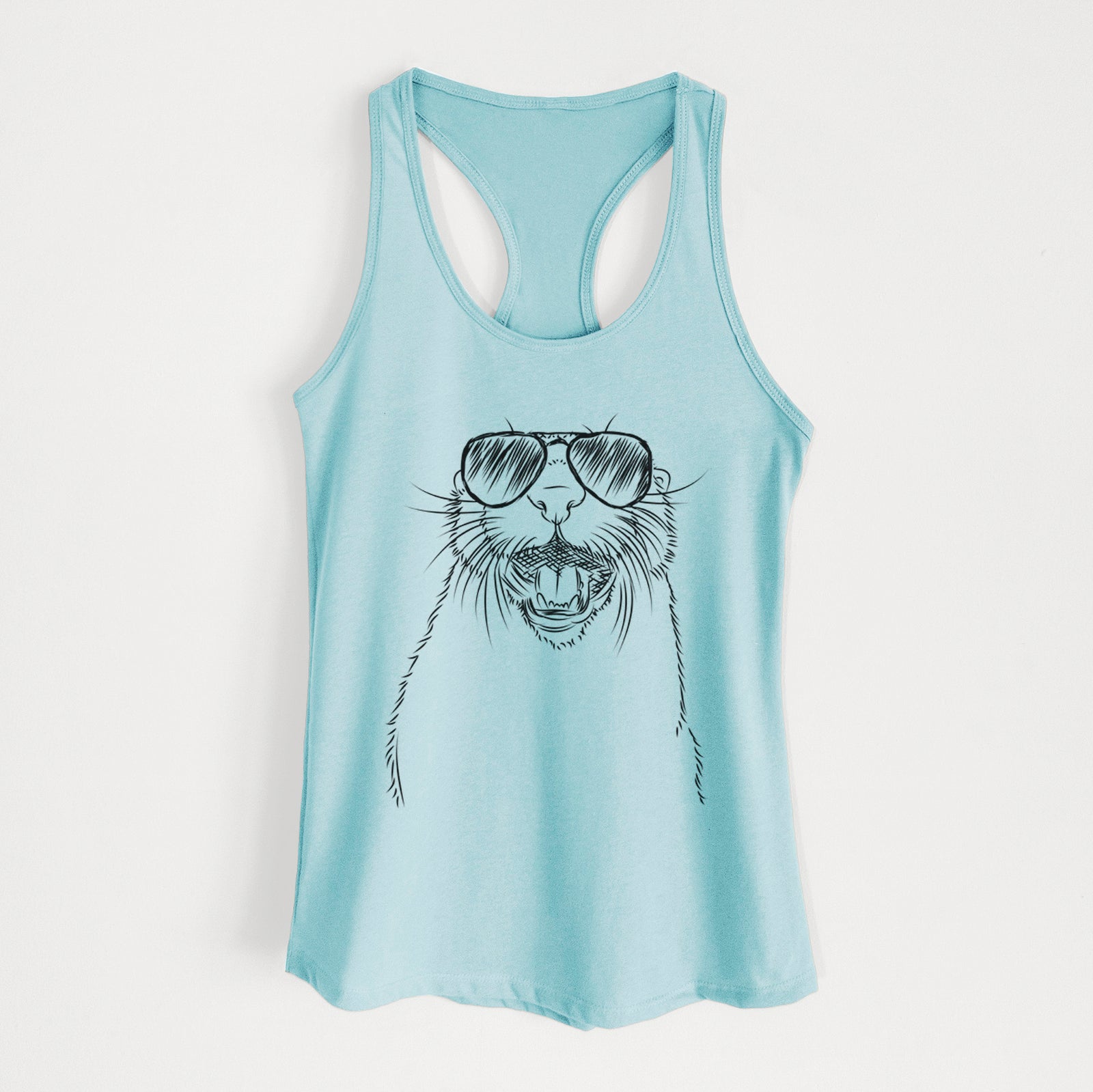 Hand-drawn sketch of Jasper the River Otter wearing aviator sunglasses on a Cancun Blue Women's racerback tanktop