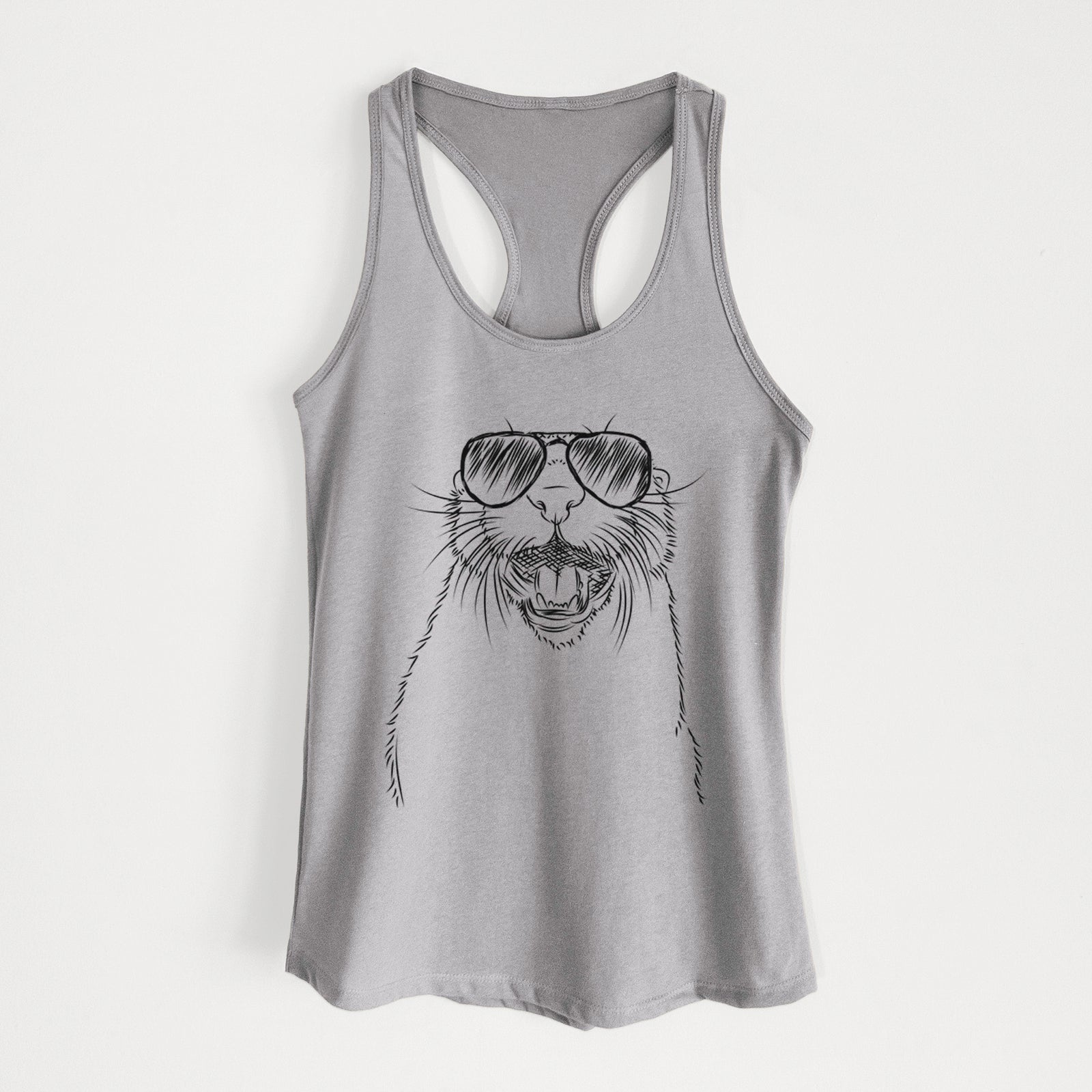 Hand-drawn sketch of Jasper the River Otter wearing aviator sunglasses on a Heather Grey Women's racerback tanktop