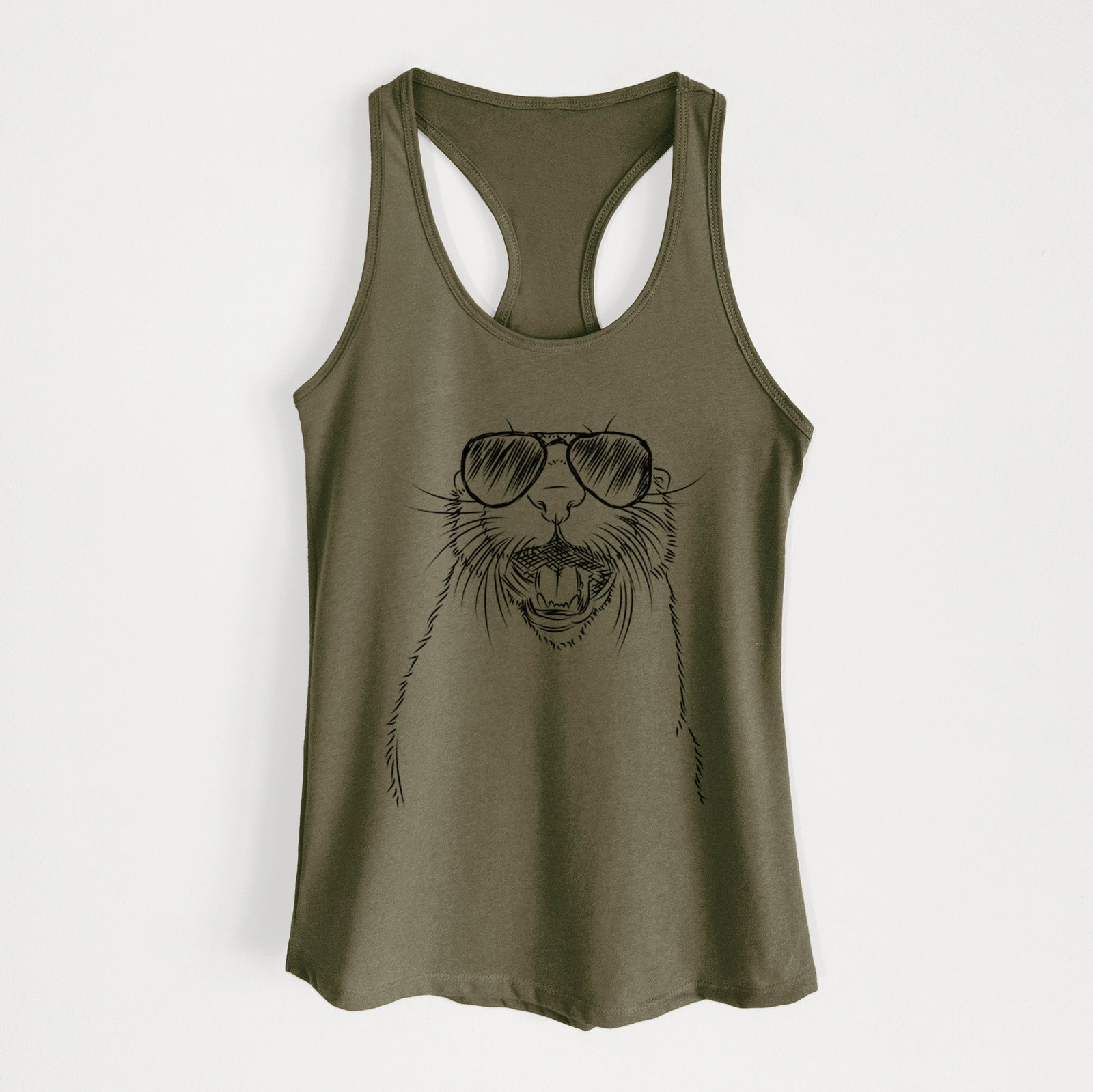 Hand-drawn sketch of Jasper the River Otter wearing aviator sunglasses on a Military Green Women's racerback tanktop
