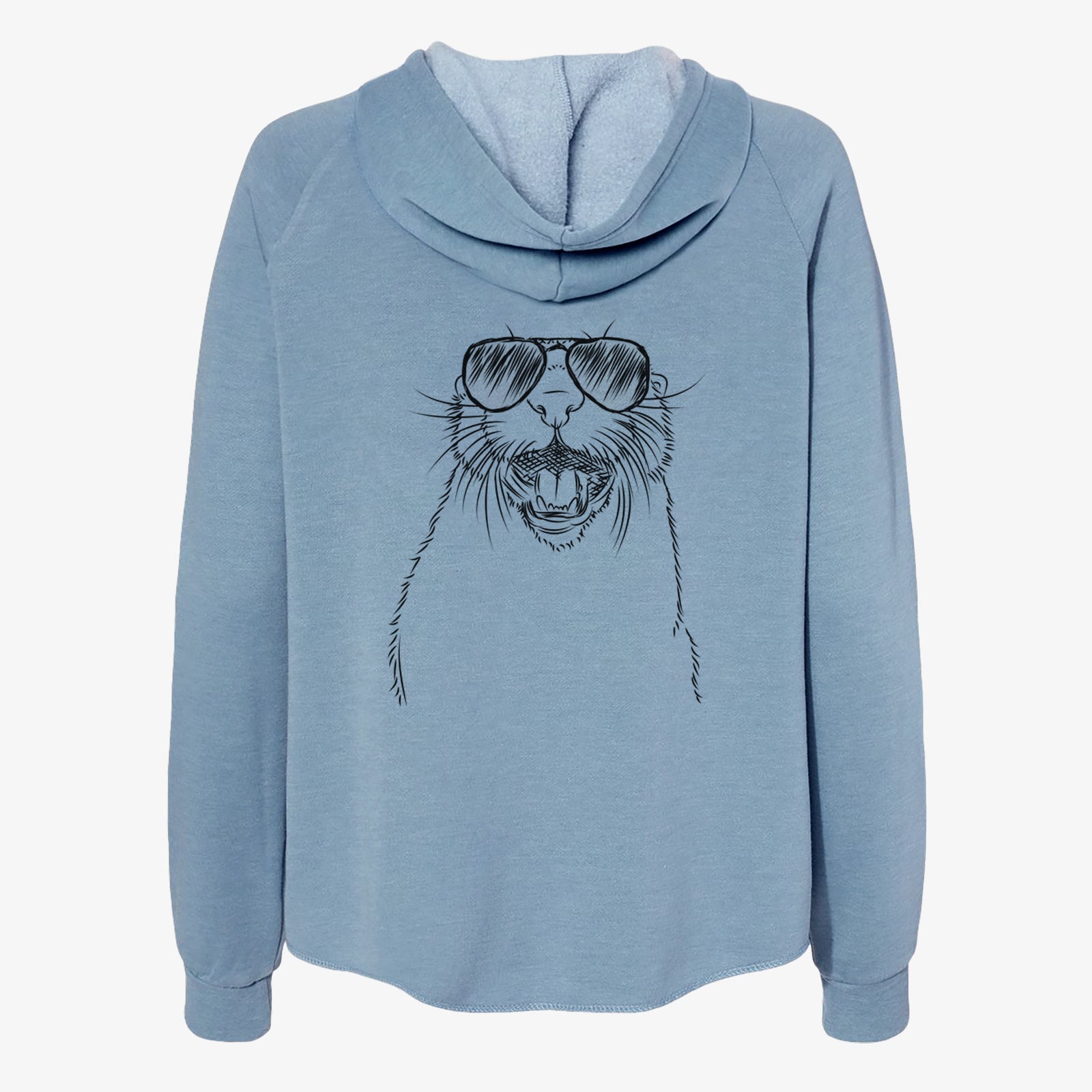 Hand-drawn sketch of Jasper the River Otter wearing aviator sunglasses on a Misty Blue Women's cali wave zip-up sweatshirt