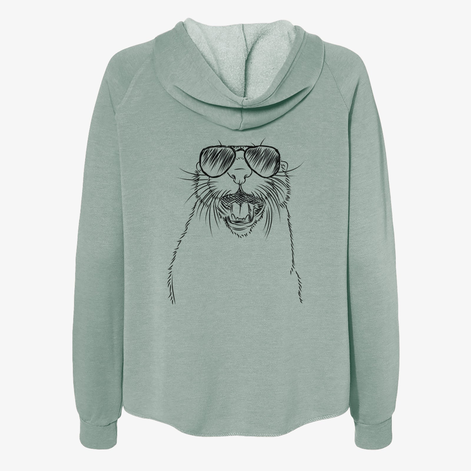 Hand-drawn sketch of Jasper the River Otter wearing aviator sunglasses on a Sage Women's cali wave zip-up sweatshirt