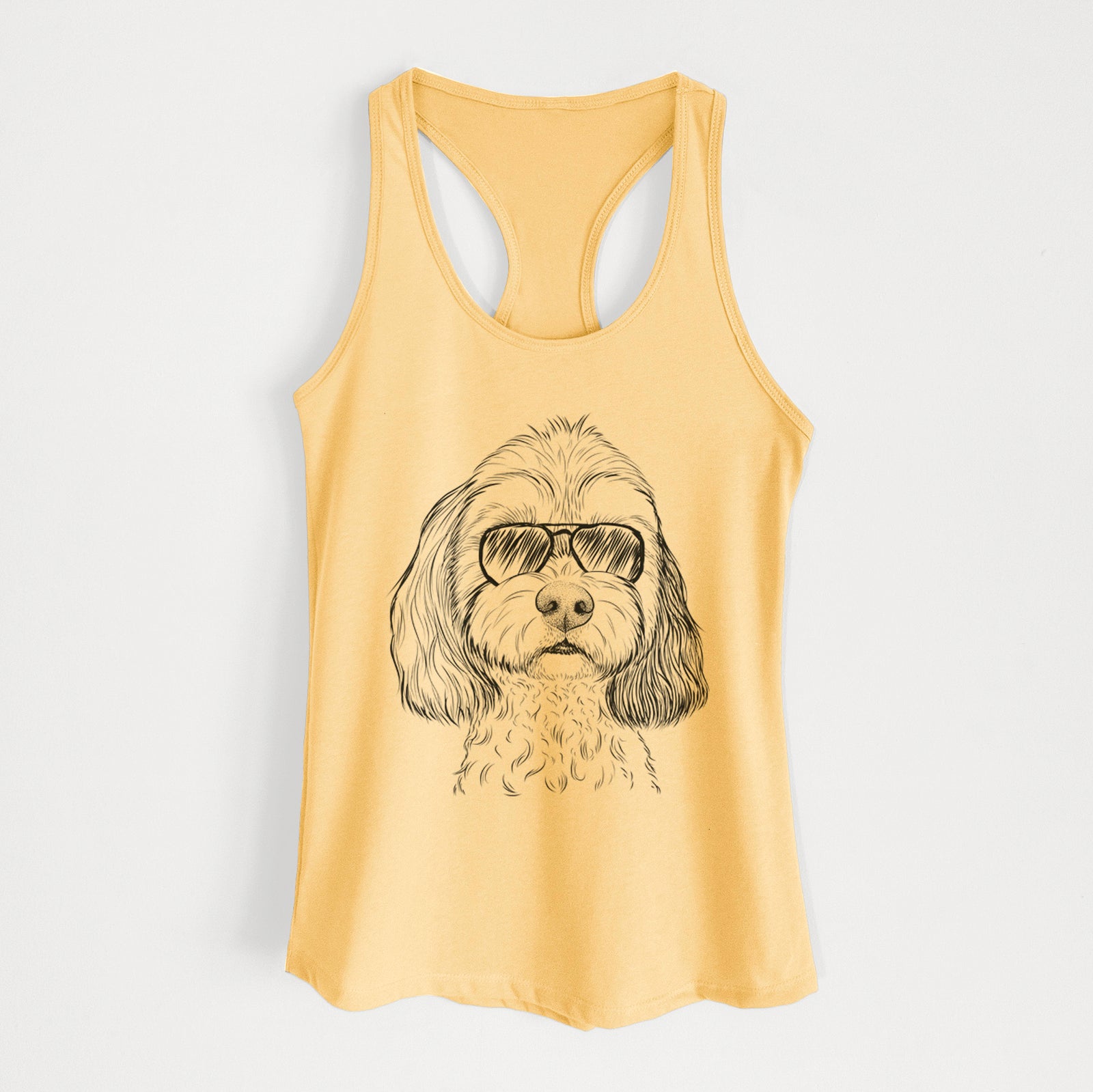 Hand-drawn sketch of Jasper Diggins the Cavapoo wearing aviator sunglasses on a Banana Cream Women's racerback tanktop