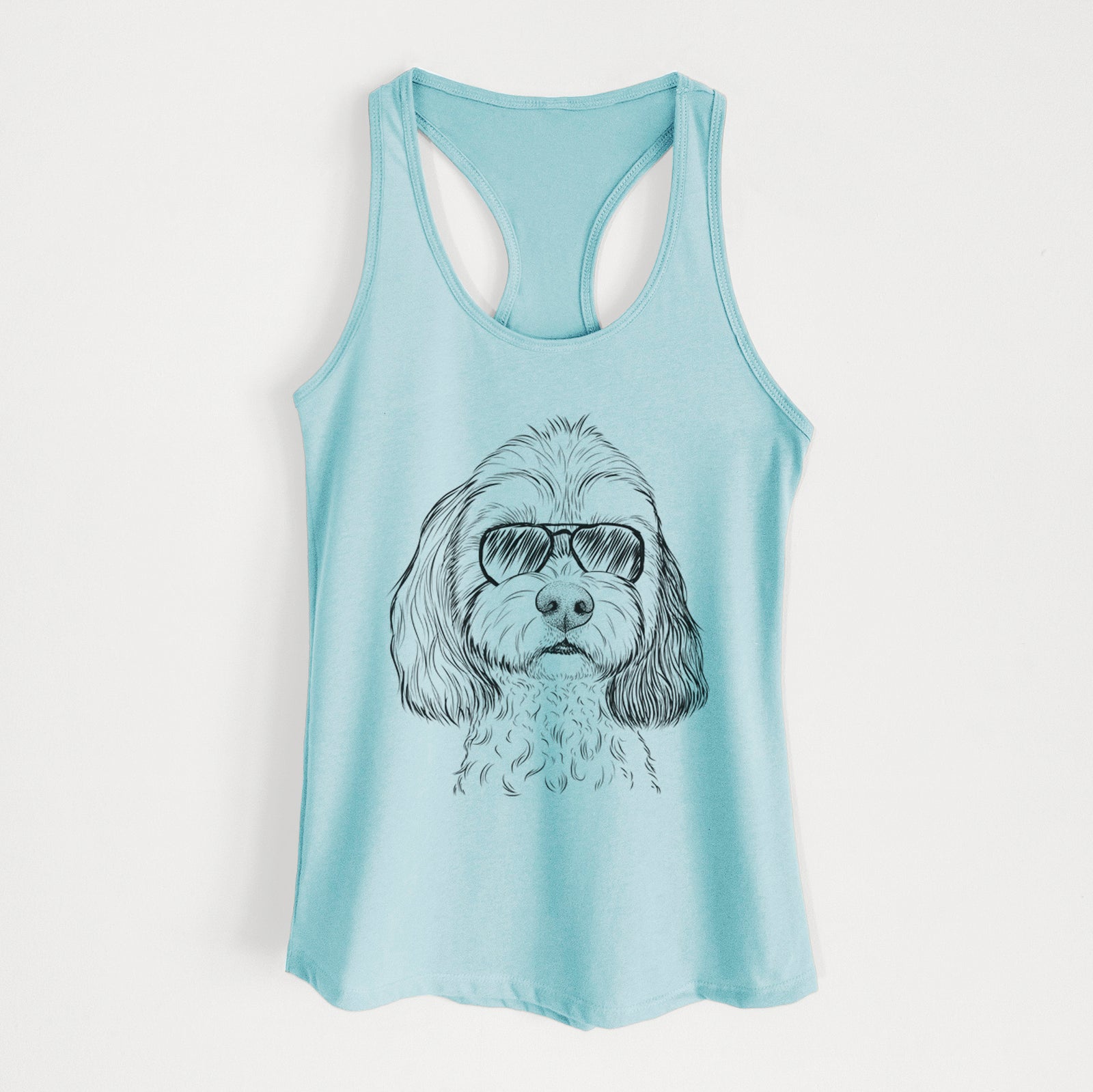 Hand-drawn sketch of Jasper Diggins the Cavapoo wearing aviator sunglasses on a Cancun Blue Women's racerback tanktop