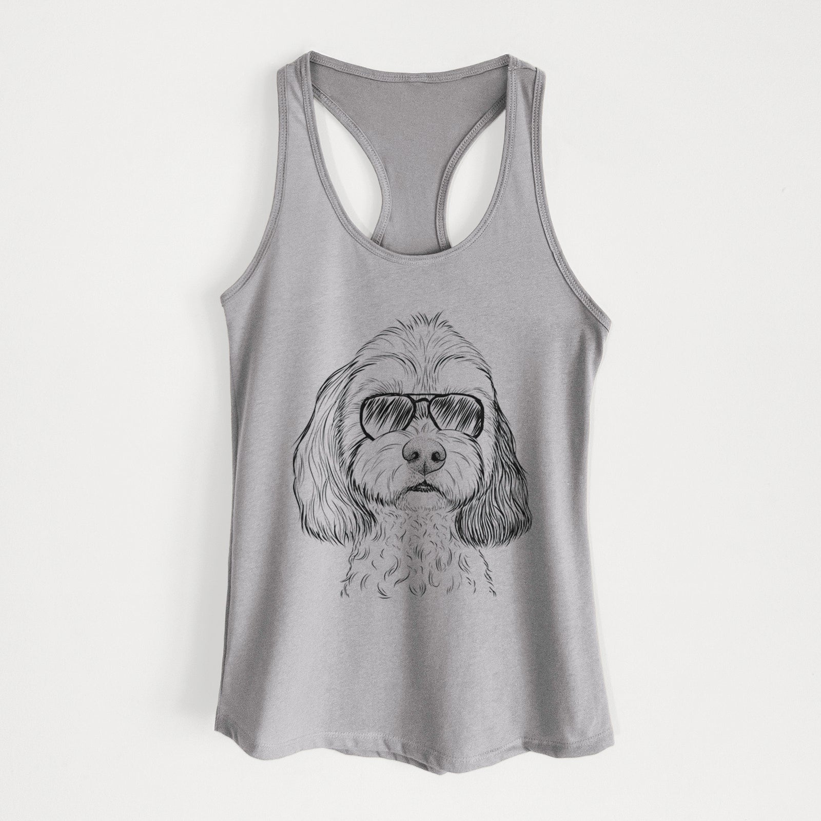Hand-drawn sketch of Jasper Diggins the Cavapoo wearing aviator sunglasses on a Heather Grey Women's racerback tanktop