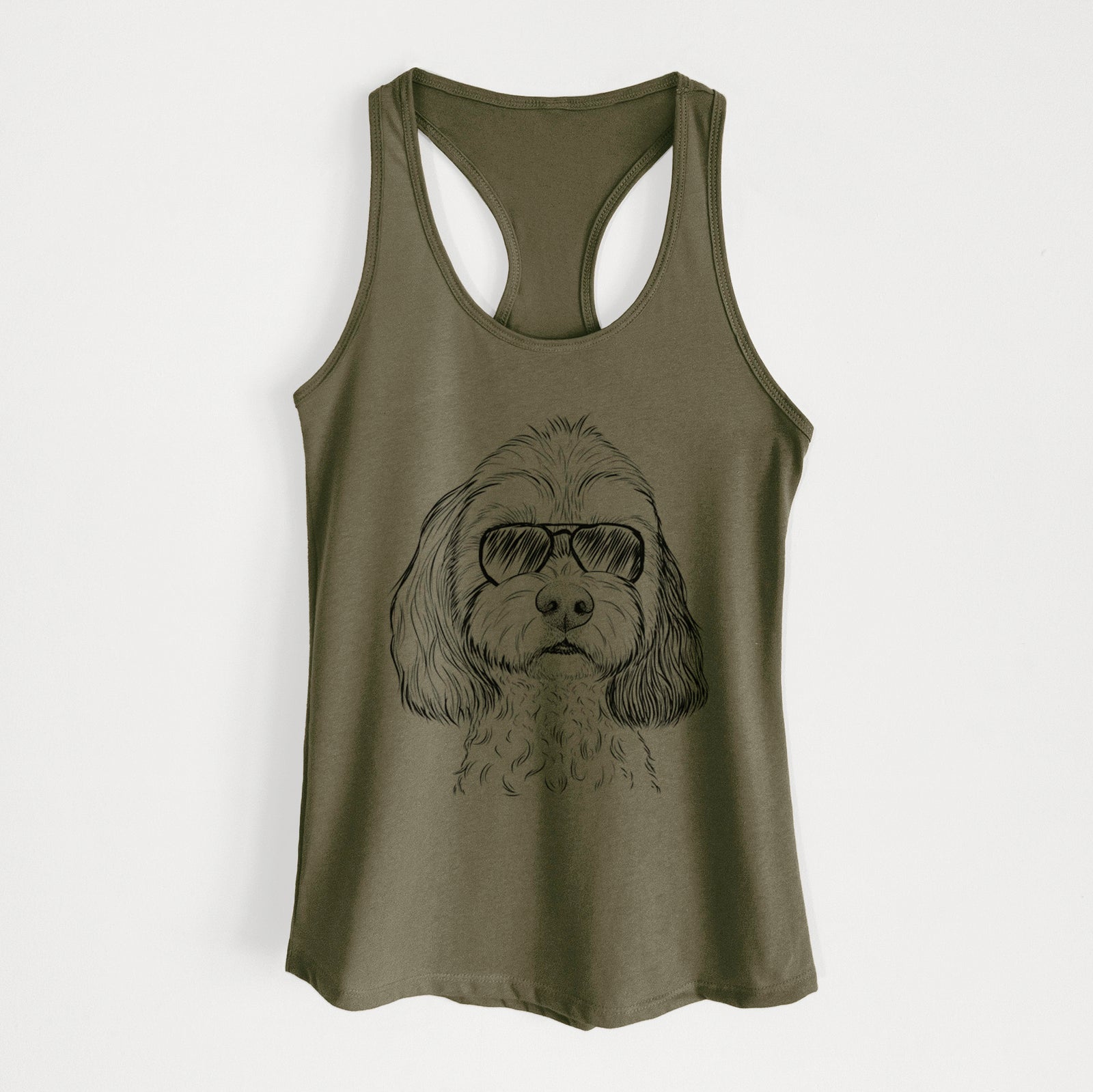 Hand-drawn sketch of Jasper Diggins the Cavapoo wearing aviator sunglasses on a Military Green Women's racerback tanktop