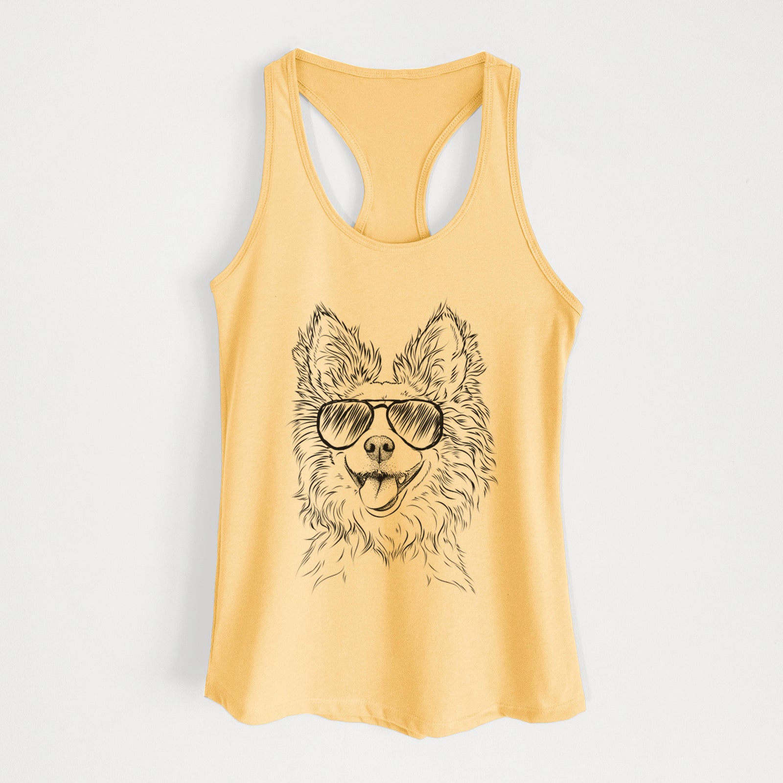Hand-drawn sketch of Jasper the Pomchi wearing aviator sunglasses on a Banana Cream Women's racerback tanktop