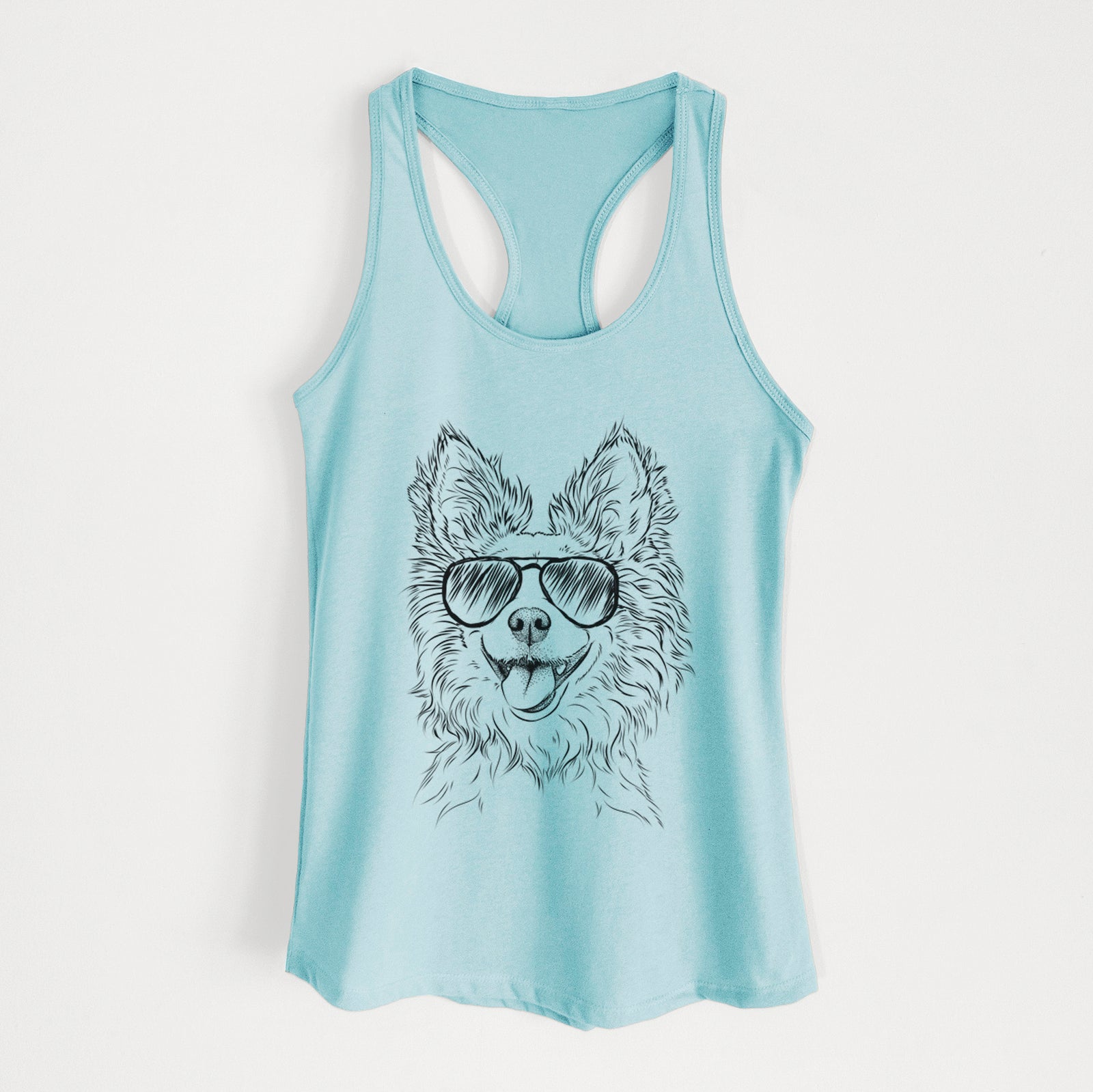 Hand-drawn sketch of Jasper the Pomchi wearing aviator sunglasses on a Cancun Blue Women's racerback tanktop
