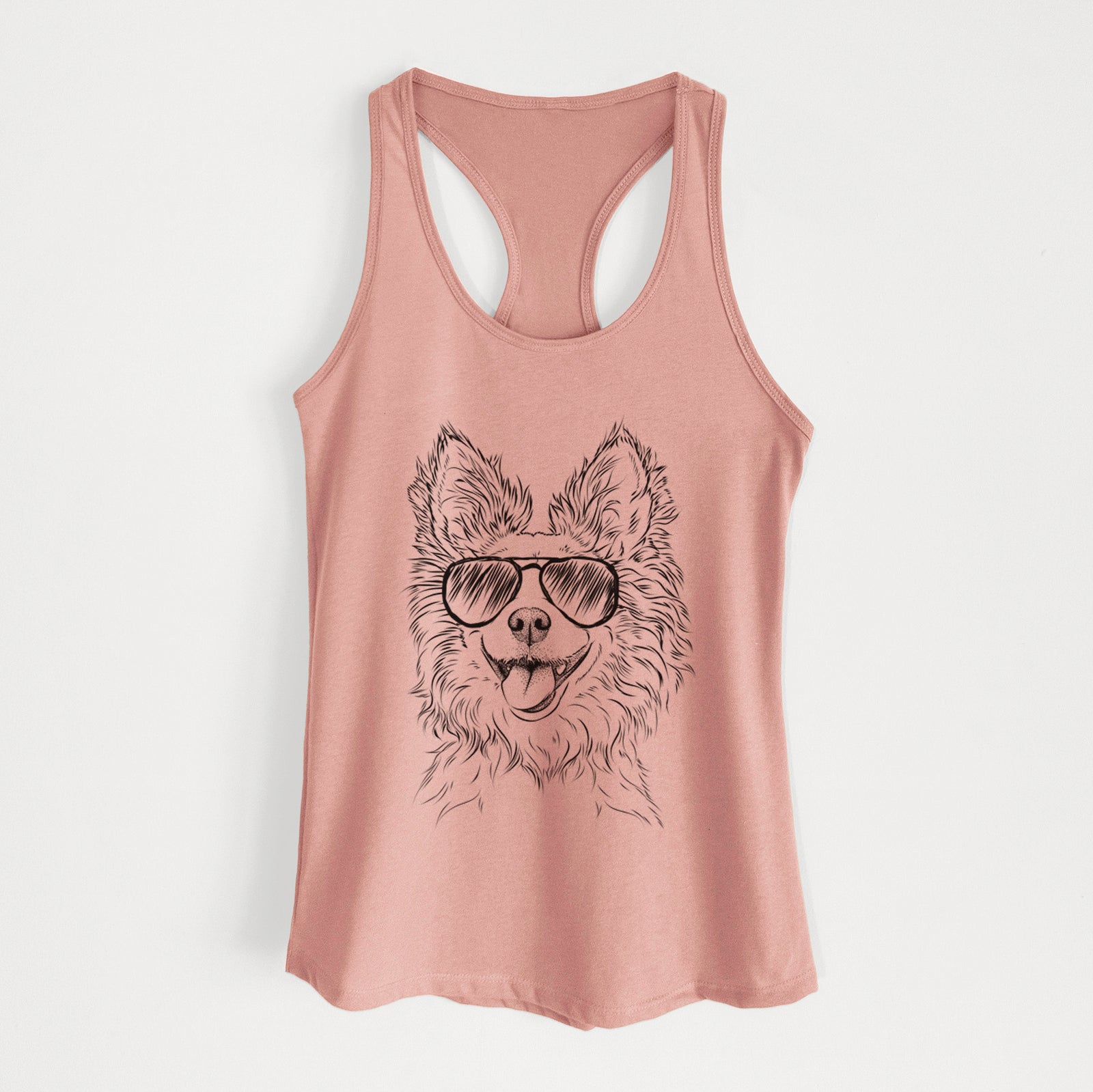 Hand-drawn sketch of Jasper the Pomchi wearing aviator sunglasses on a Desert Pink Women's racerback tanktop