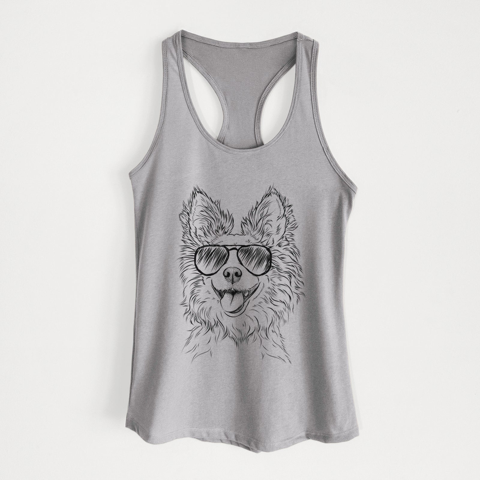 Hand-drawn sketch of Jasper the Pomchi wearing aviator sunglasses on a Heather Grey Women's racerback tanktop