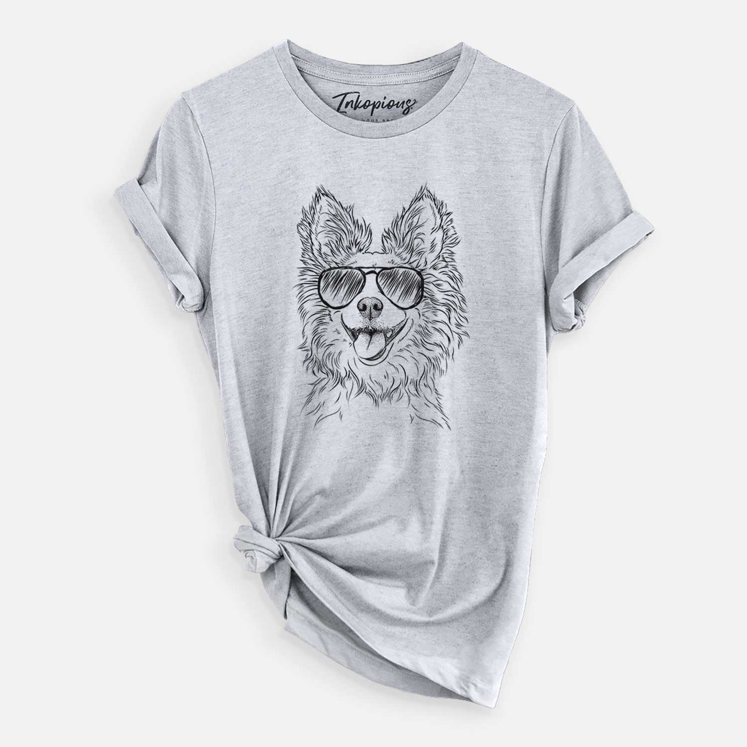 Hand-drawn sketch of Jasper the Pomchi wearing aviator sunglasses on a Grey Unisex crewneck