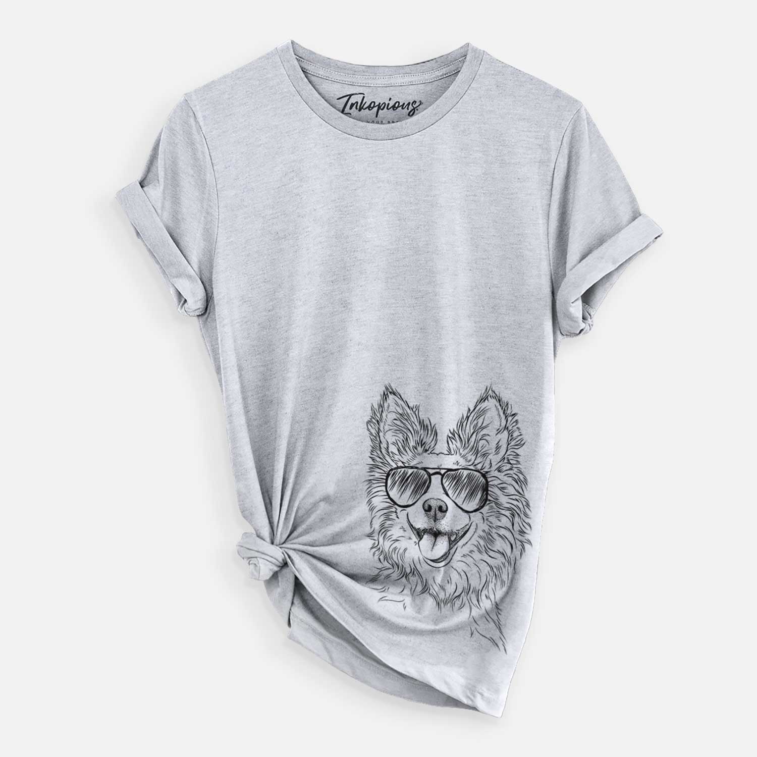 Hand-drawn sketch of Jasper the Pomchi wearing aviator sunglasses on a Grey Unisex crewneck