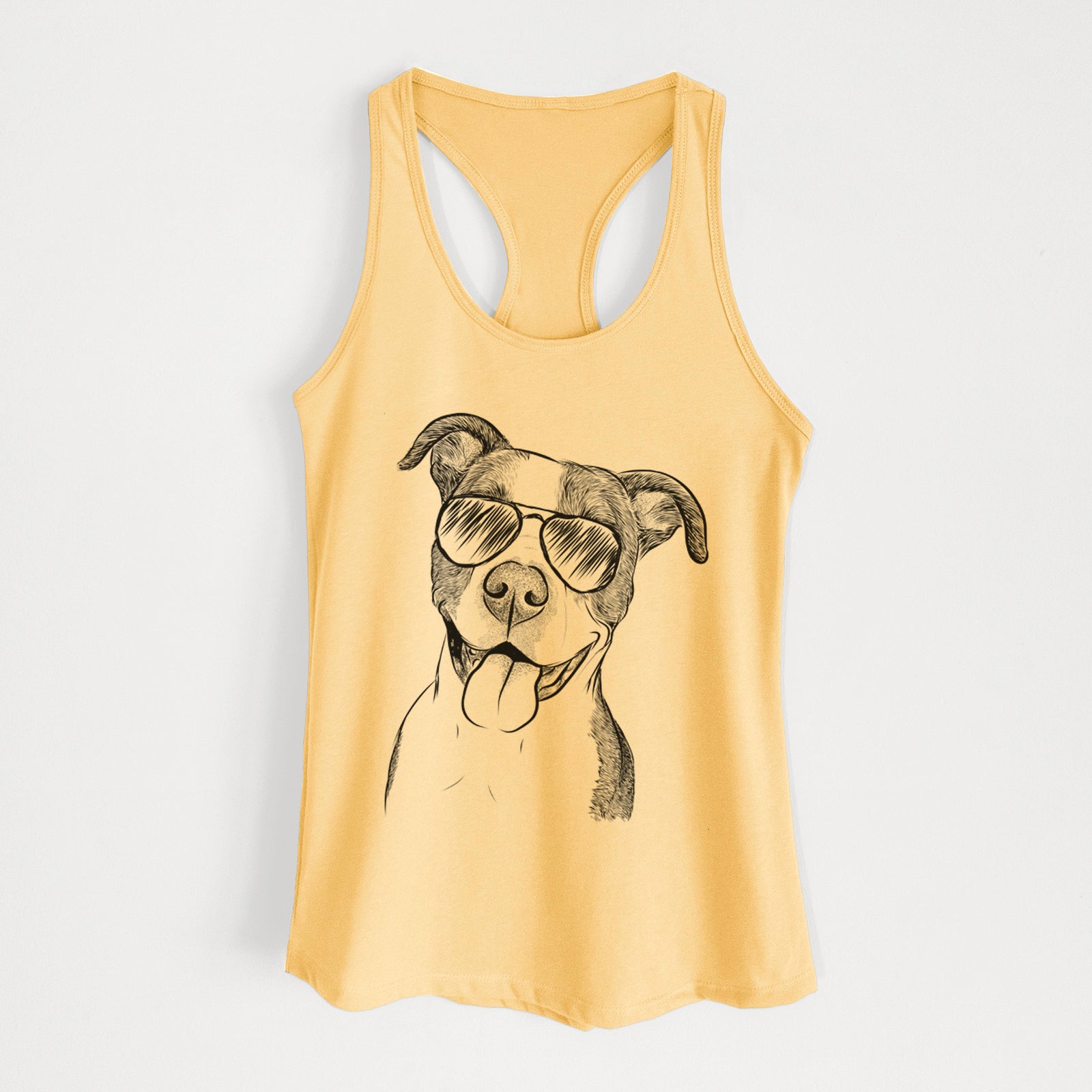 Hand-drawn sketch of Jax the American Pitbull Terrier Mix wearing aviator sunglasses on a Banana Cream Women's racerback tanktop