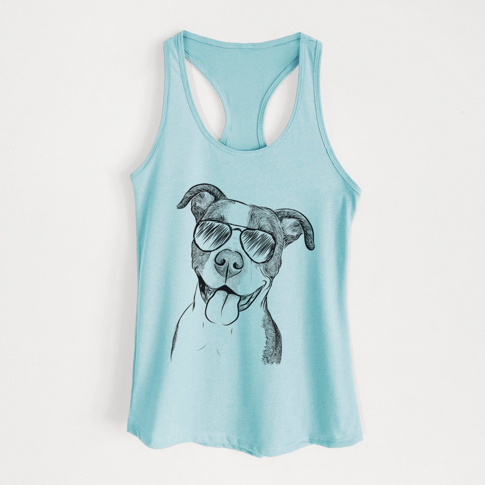 Hand-drawn sketch of Jax the American Pitbull Terrier Mix wearing aviator sunglasses on a Cancun Blue Women's racerback tanktop