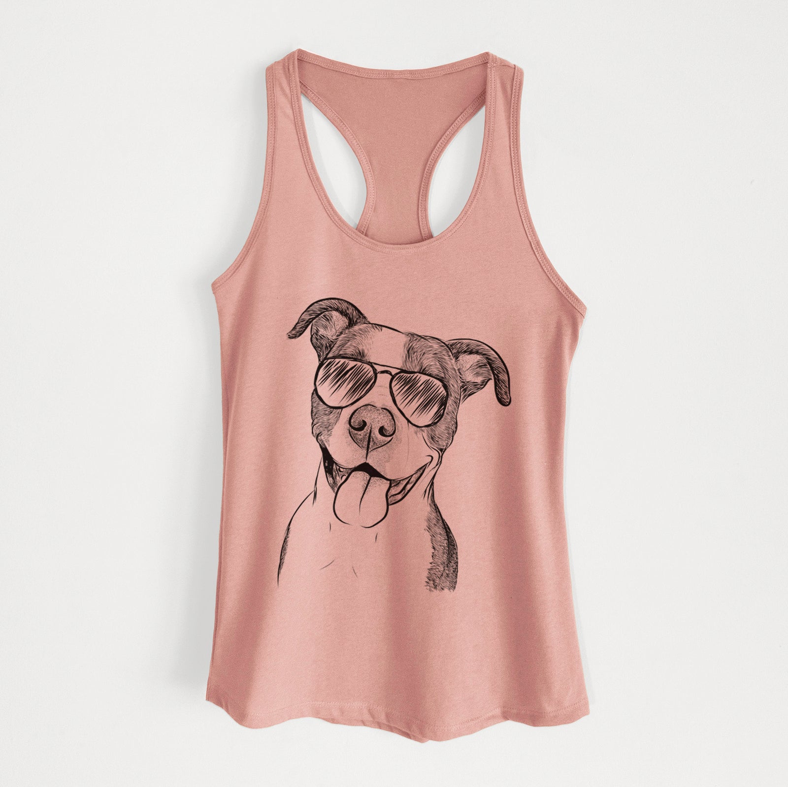 Hand-drawn sketch of Jax the American Pitbull Terrier Mix wearing aviator sunglasses on a Desert Pink Women's racerback tanktop